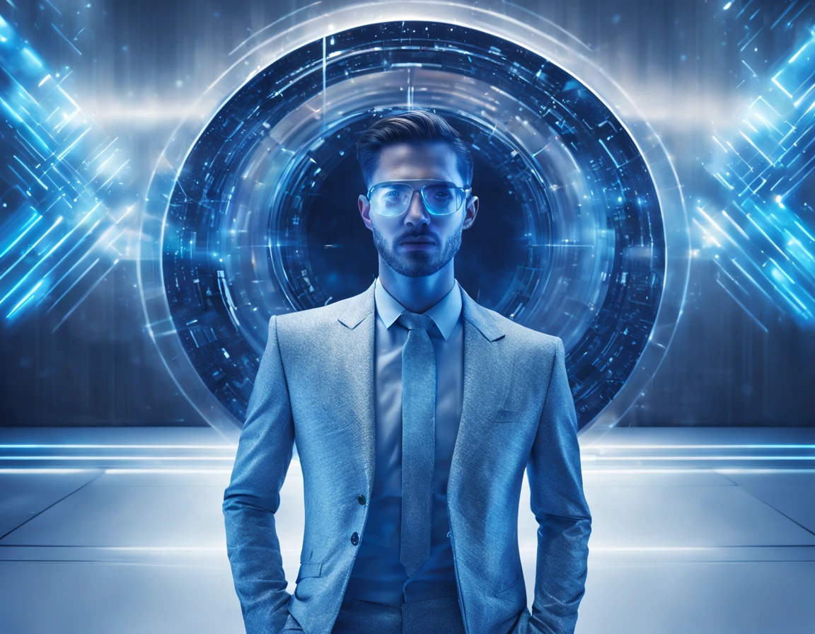 A futuristic background with shades of blue and technological holograms. No centro, um desenvolvedor masculino, vestido de forma moderna, Immersed in holographic code. Ao redor, Visual elements representing technological advancements such as artificial intelligence and blockchain. The above text would be embedded in the image in a stylized form, mantendo um design clean e futurista.