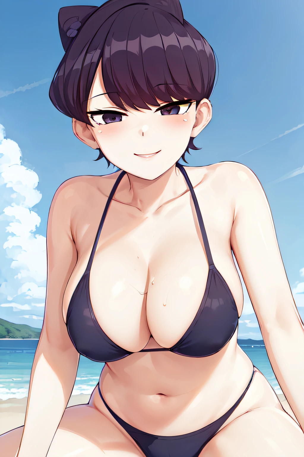 masterpiece, best quality, 1girl, solo, komi-san wa komyushou desu, BIKINI, blush, outdoors, blue sky  PERFECT FACE, PERFECT EYES, LIPS, SMILE, LOVER