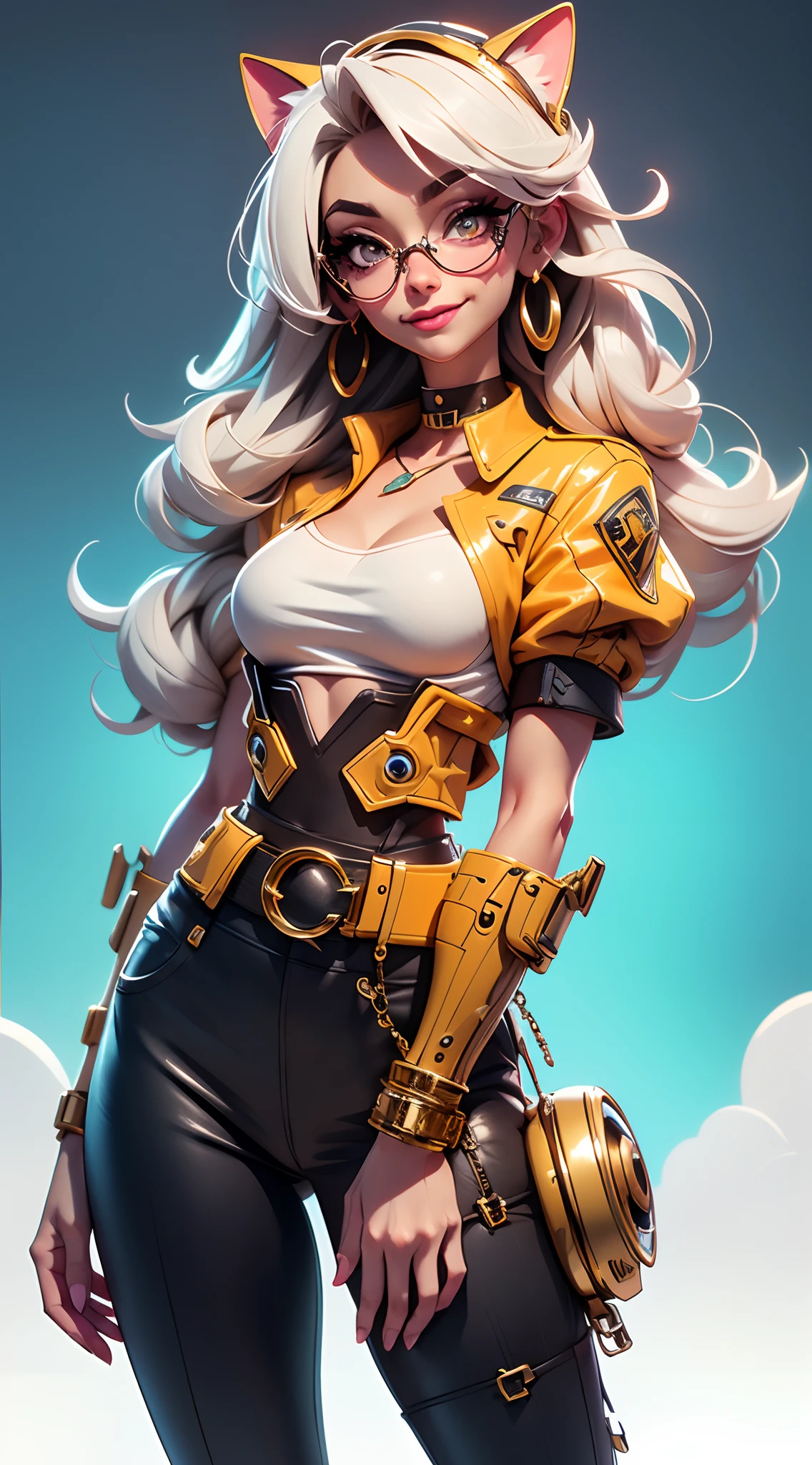 A fantz monster design, Cute robots in space [style-rustmagic]，female robot，Half-human, tmasterpiece，（tmasterpiece，top-quality，best qualityer），1girll， jewely， long whitr hair， Golden hair，Black color hair，Silvery-white hair，Maroon hair， 独奏， 耳Nipple Ring， ssmile， motorvehicle， choker necklace， sun glasses， looking at viewert， bangle， The Car， A plant， high-waist pants， groundvehicle， Sat down， exteriors， daysies， nedium breasts，Open navel， The shirt， dark skinned female， Colored glasses， longer sleeves， buliding， Dark  skin，， parted lip， hoop earings， circle glasses， Estampados florales， choker necklace，grinning smile，a black choker，collars，Laser cloth，Sexy bikini，holy rays，gold foil，Gold leaf art，glitter drawing，Correct anatomy，Detailed face, Detailed eyes，Blindfolds，Cat hat，