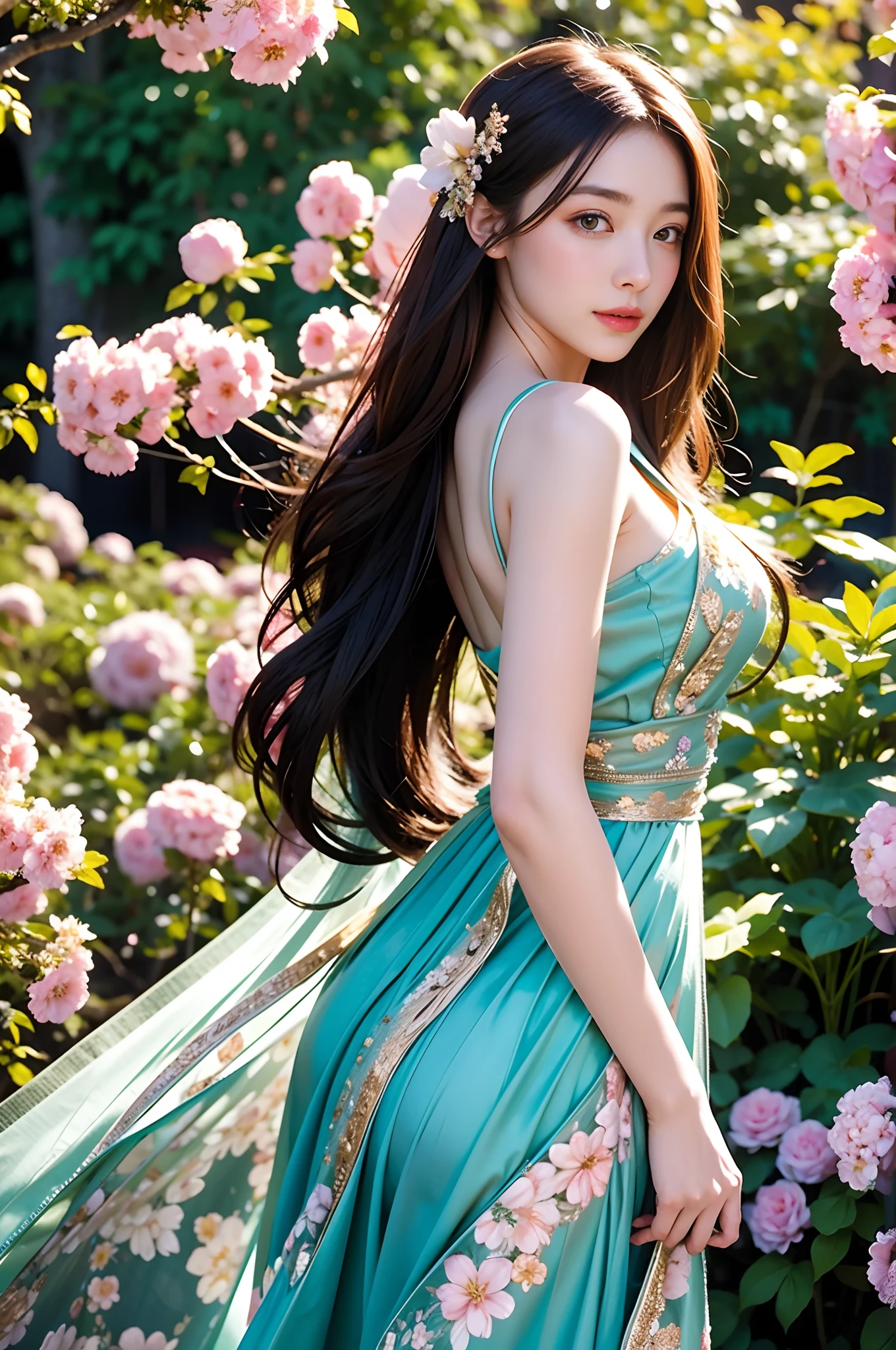 high quality, 8K Ultra HD, full color, etching aquatint, fine lines and shadows, In the heart of Floral Fantasy Wonderland, behold a captivating and ethereal spirit of a beautiful maiden, gracefully adorned with the essence of blooming flowers. Her golden long flowing hair, like silken threads of golden, cascades gracefully down her back, interwoven with delicate floral accents that mirror the surrounding blooms. Her eyes, the color of the deepest forest emeralds, sparkle with a hint of magic and mystery, reflecting the beauty of the floral symphony that surrounds her. In her hand, she holds a delicate bouquet of the most exquisite flowers, their vibrant colors mirroring her own radiant aura. With the clarity and detail of 8K Ultra HD images, every petal, every hue, and every expression of her otherworldly charm come to life in vivid splendor,
