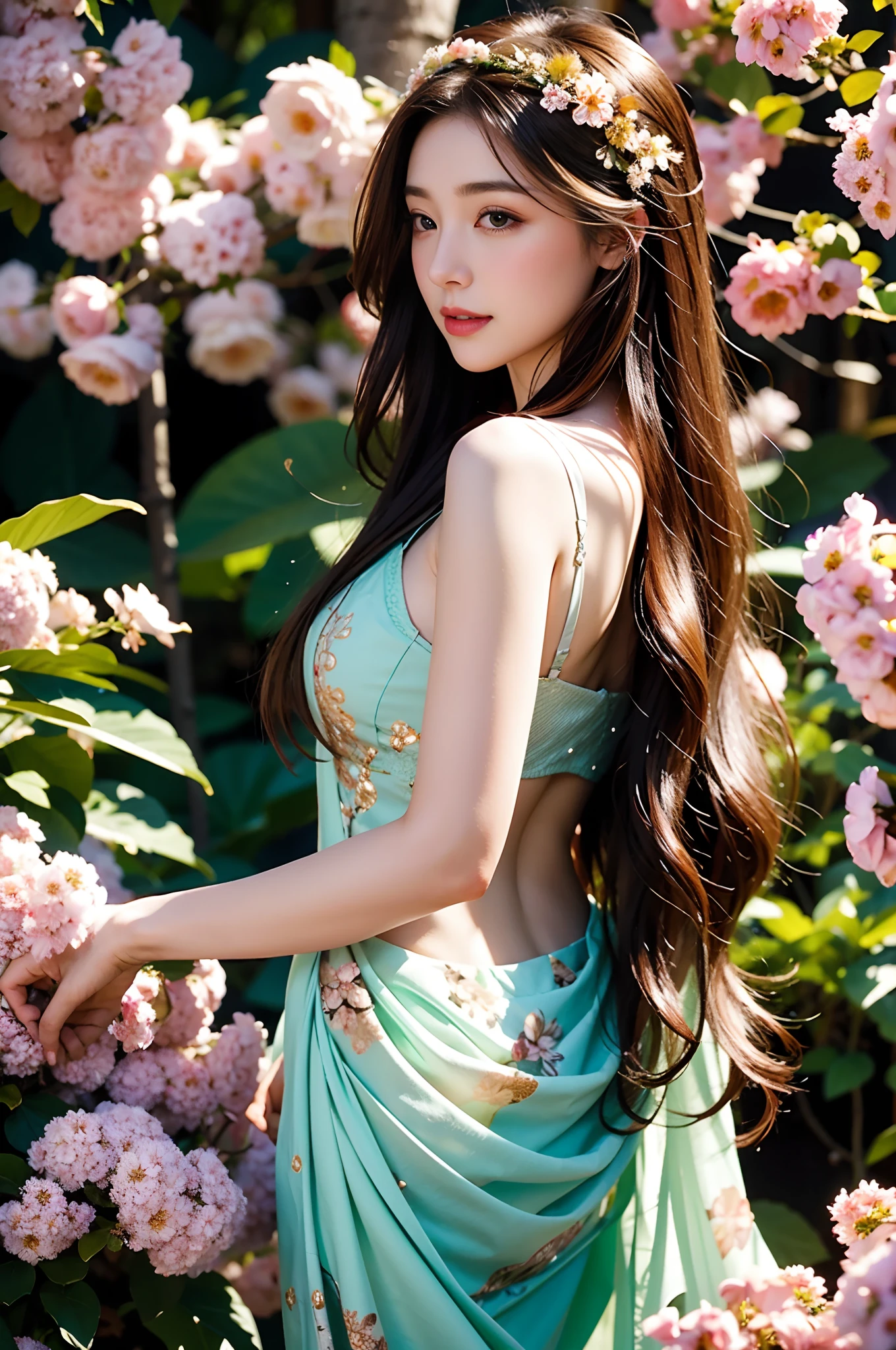 high quality, 8K Ultra HD, full color, etching aquatint, fine lines and shadows, In the heart of Floral Fantasy Wonderland, behold a captivating and ethereal spirit of a beautiful maiden, gracefully adorned with the essence of blooming flowers. Her golden long flowing hair, like silken threads of golden, cascades gracefully down her back, interwoven with delicate floral accents that mirror the surrounding blooms. Her eyes, the color of the deepest forest emeralds, sparkle with a hint of magic and mystery, reflecting the beauty of the floral symphony that surrounds her. In her hand, she holds a delicate bouquet of the most exquisite flowers, their vibrant colors mirroring her own radiant aura. With the clarity and detail of 8K Ultra HD images, every petal, every hue, and every expression of her otherworldly charm come to life in vivid splendor,