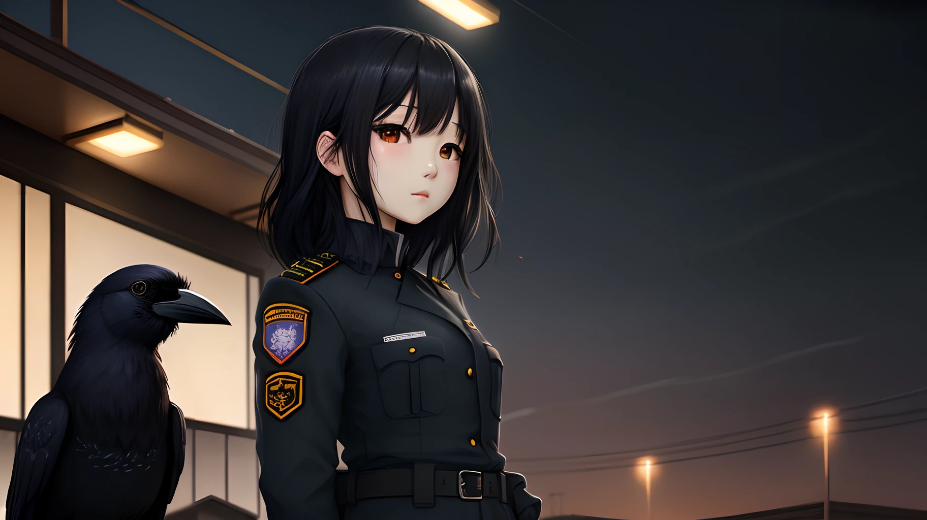 Black-haired girl in uniform、nightfall、canny、crows