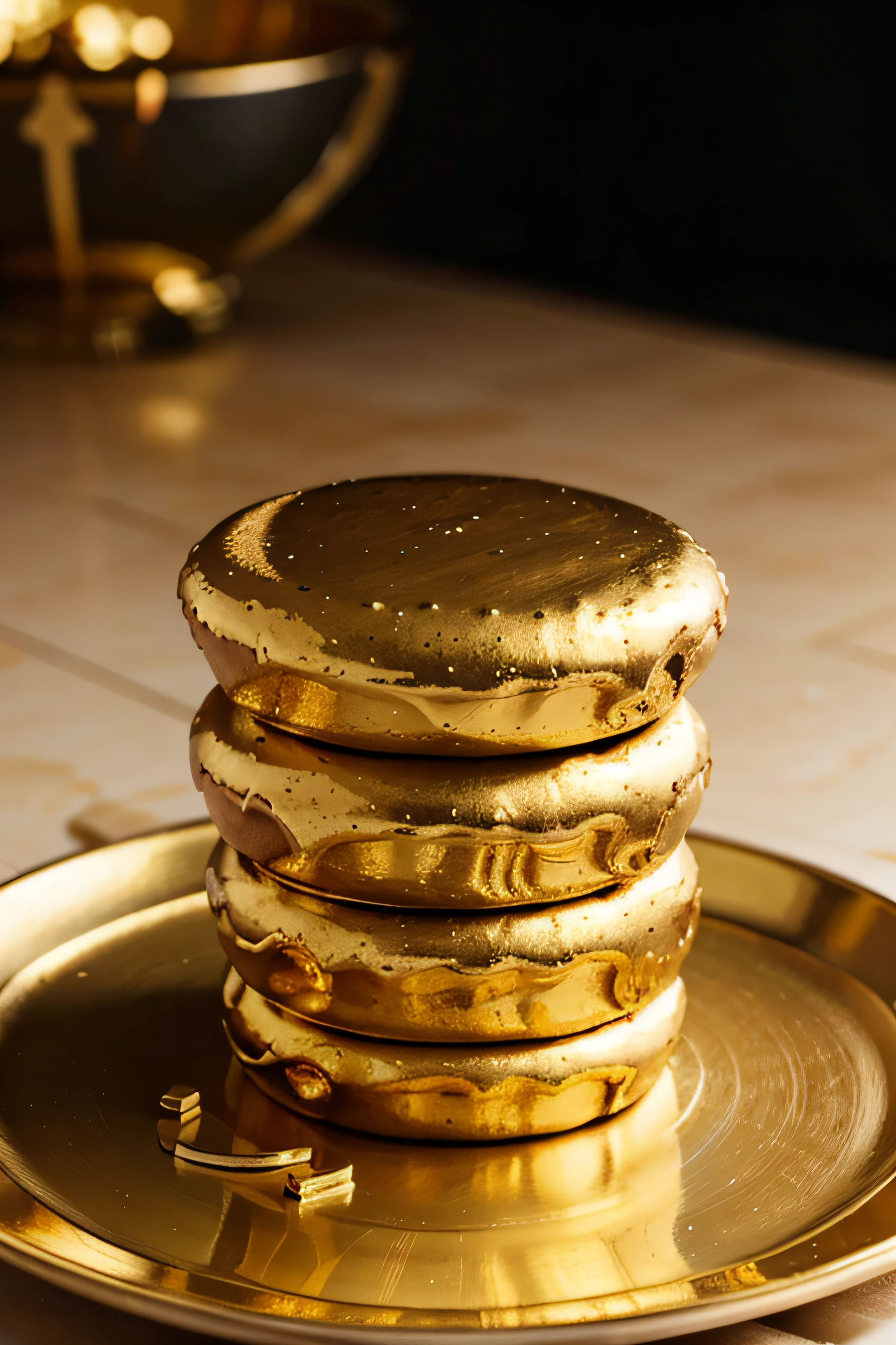 food made of gold on a plate, side view