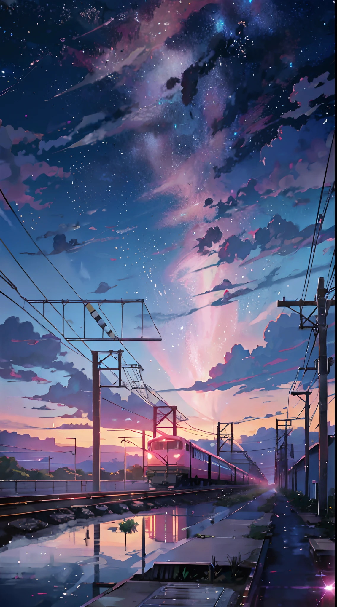 Anime train crossing track in sky background, beautiful and harmonious scene, sunrise, exquisite animation, rich details (width is 672), high quality, clarity 4k, artistic 4k wallpaper, stunning anime landscape, 8k art wallpaper.