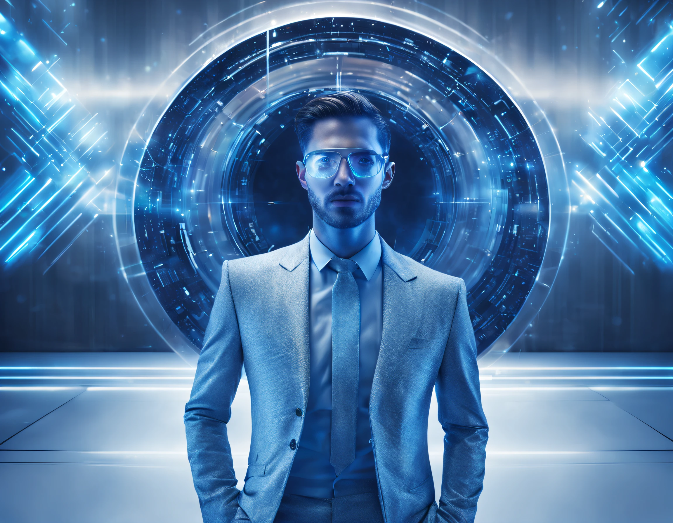 A futuristic background with shades of blue and technological holograms. No centro, um desenvolvedor masculino, vestido de forma moderna, Immersed in holographic code. Ao redor, Visual elements representing technological advancements such as artificial intelligence and blockchain. The above text would be embedded in the image in a stylized form, mantendo um design clean e futurista.