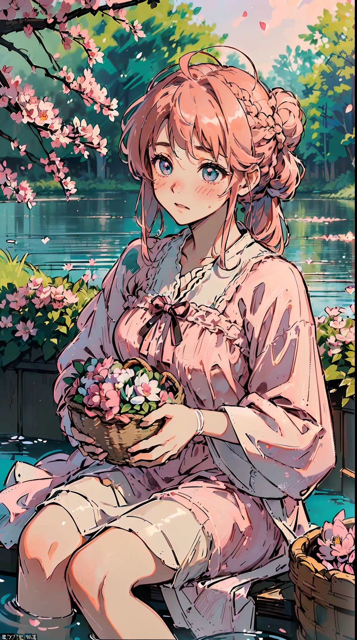 (((((((a large basket of flower,Blushing,winked eye,cute cheeks,creamy pink hair，black nightgown))))))，((1girl,Solo,-aged,ars oazing,Cute Korean mixed-race girl，rosto magro,))(Masterpiece,Best quality, offcial art, Beautiful and aesthetic:1.2),((HD,Golden ratio,)) (16k),((sakura petals)),(Physically-based rendering),((((forest,outdoor,pond scenery, dappled sunlight,at night,)))) (((highdetailskin,)))，((sitting)),((((detailed hairs|middle hair|bun braid|knot top|soaked hair|side ponytail|ahoge)))),Slender,thicc,(masterpiece sidelighting),(The sheen),(Beautiful hair,Beautiful eyes,）[[Delicate fingers and hands:0.55]::0.85],(Detail fingers),(((Superior quality,)))),((unbelievable Ridiculous quality,)),((extremely_Detailed_Eyes_and_face)),Movie girl,(Dynamic configuration: 1.2),Brilliant, (Photorealistic), ((pink ribbon on hair)),Ultra-precise depiction, Ultra-detailed depiction,Bauhaus