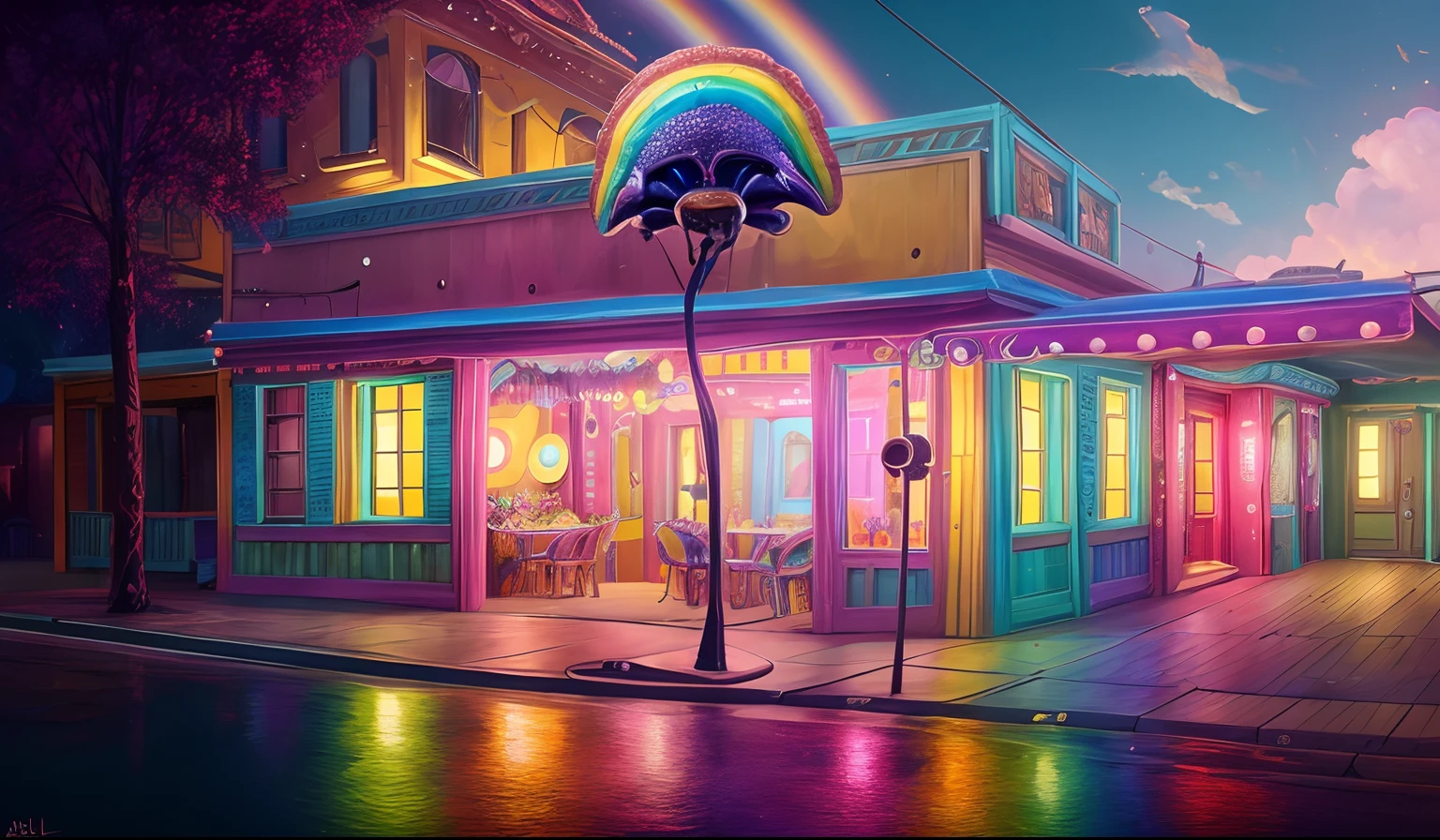 RAW photo,Masterpiece, high quality, best quality, authentic, super detail, 
Painting, there is a house with a colorful head piece and a rainbow colored eye, hyperdetailed fantasy character, great digital art with details, style hybrid mix of beeple, beeple and jeremiah ketner, furry fantasy art, beeple!!, beeple. hyperrealism, adorable digital painting, detailed creature, beeple daily art, cute detailed digital art, oil paint, The restaurant was on fire, colorful smoke, colorful sky