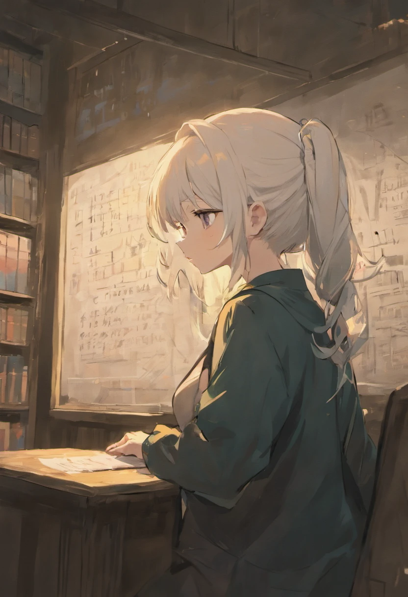 whaite hair,White beard,A old man,the night,Classroom,lamplight,short detailed hair,White lining,black shirt,Black silk shoes,Hands behind your back,There is a stack of books on the left,The blackboard at the back has the words Das Kapital,The expression is serious
