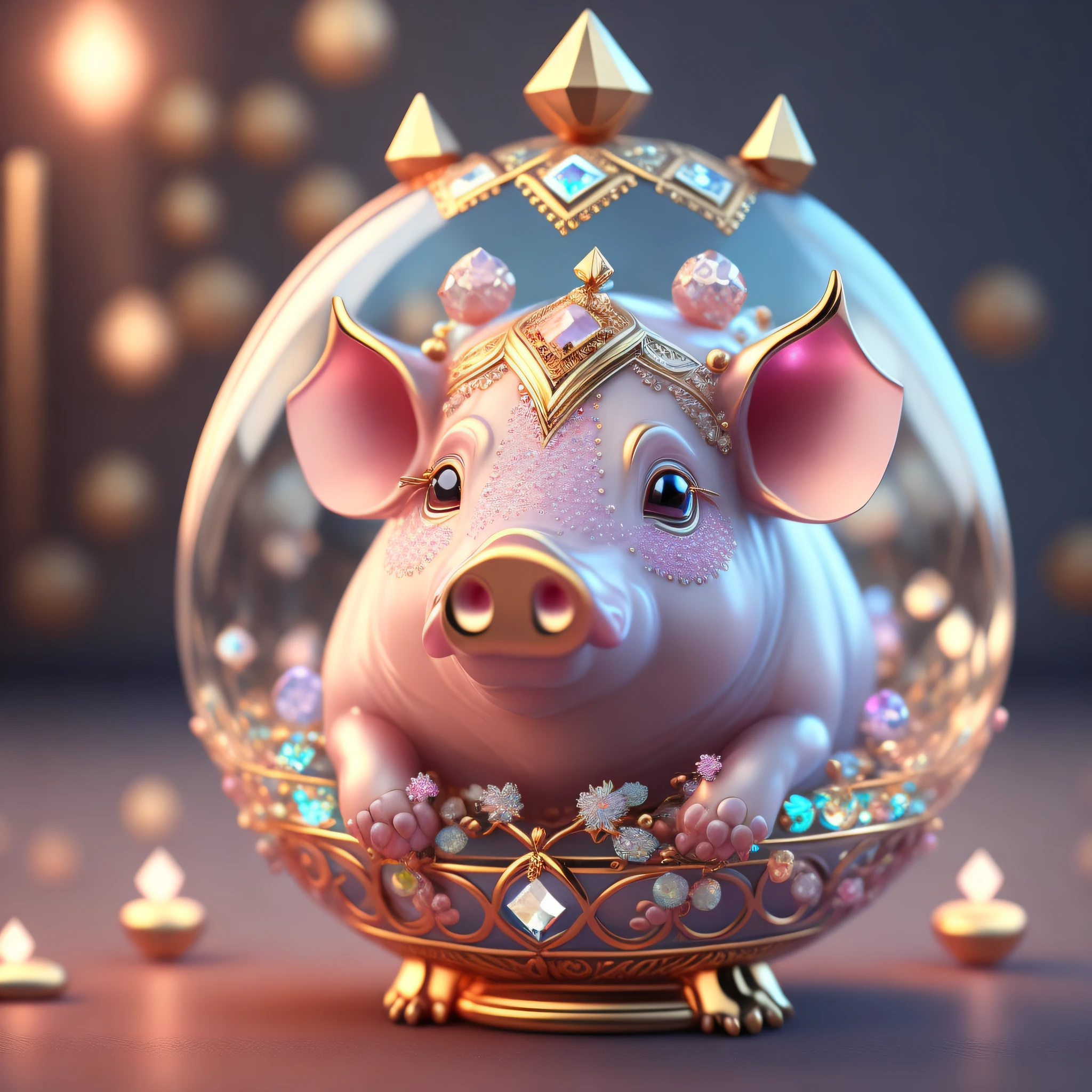 A cute crystal ball zodiac pig embellished with various jewelry ornaments and low-poly eyes is a highly detailed and complex conceptual art craft using Artstation 8k quality.