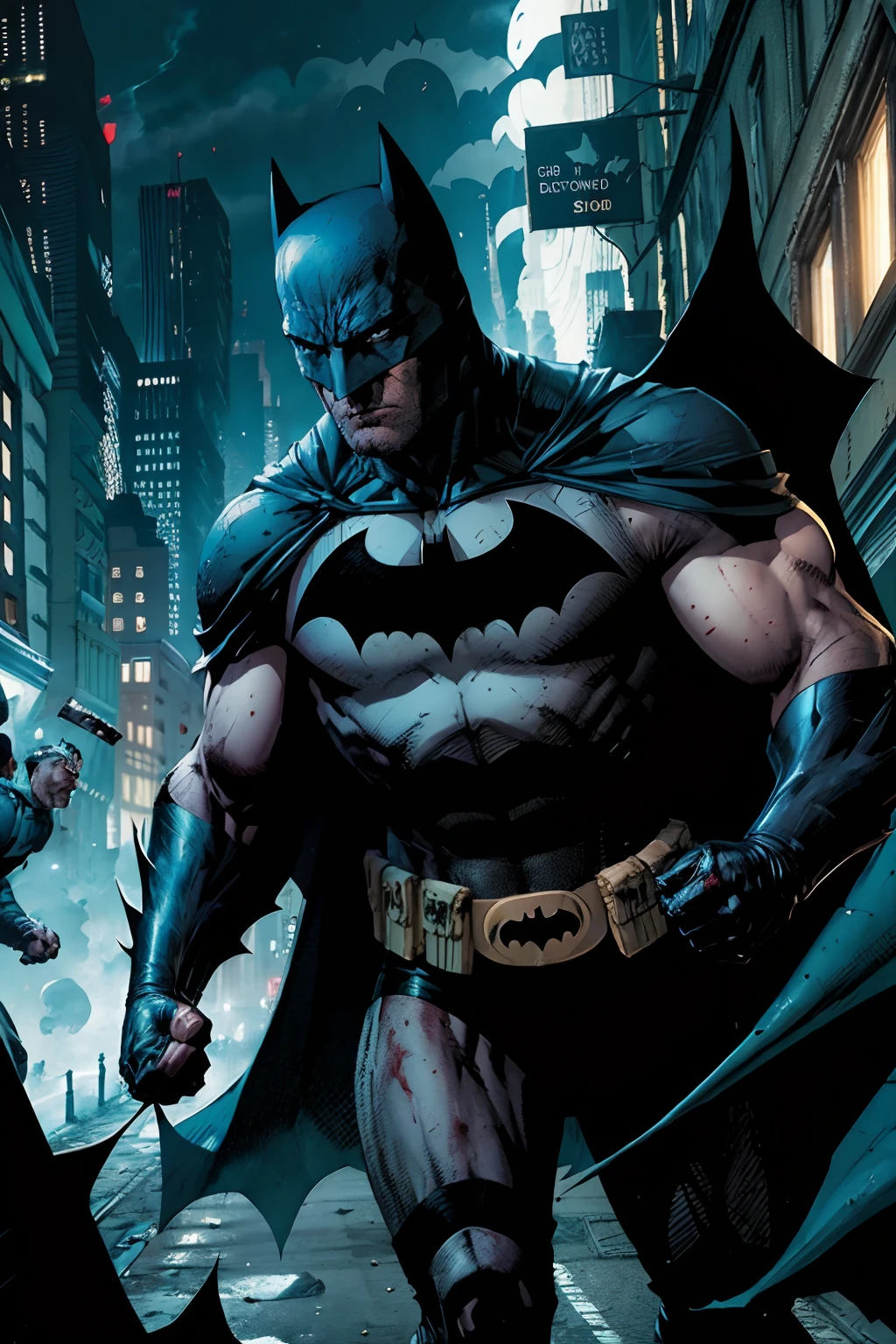Batman was on the streets of Gotham City when he saw blood on the ground. He followed the trail of blood and found a group of criminals who had just robbed a bank. Batman fought them and managed to capture them all. He then called the police to come and take them away.