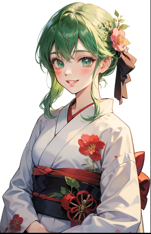 girl with、Background white、without background、Green hair、with blush cheeks、flowery kimono、florals、taisho roman、Showa Retro、frilld、Smiling、kawaii、without background