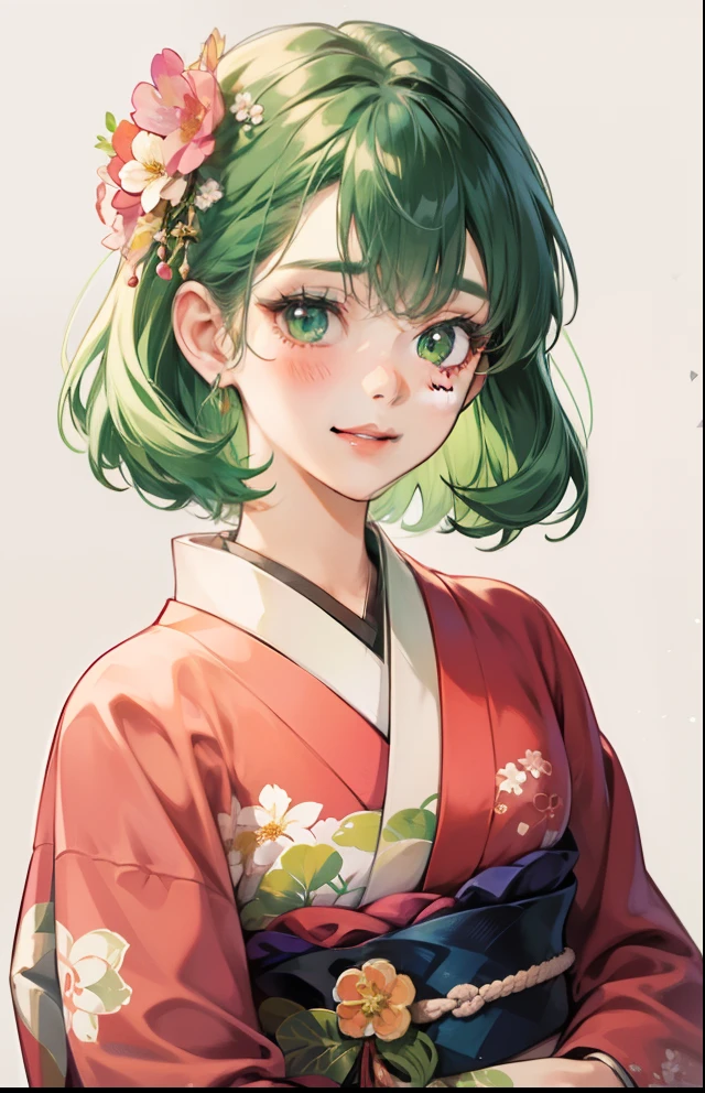 girl with、Background white、without background、Green hair、with blush cheeks、flowery kimono、florals、taisho roman、Showa Retro、frilld、Smiling、kawaii、without background