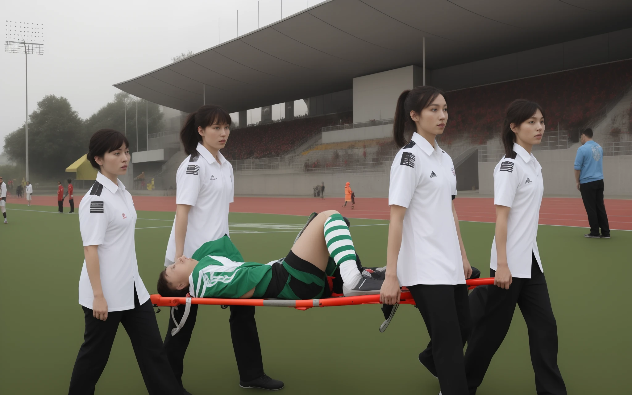 there is a shorthaired blond and european boy being carried on a stretcher by two longhaired and extremely madeup chinese schoolgirls, two attractive chinese girls are carrying a stretcher with a shorthaired european boy lying on it, a shorthaired man is lying on a stretcher, a wounded man is evacuated on a stretcher, two girls in plastic-suits carry a bearded man on a stretcher, there are schoolgirls in very wet rainsuits, injured, mobile, 2263539546], unknown, b - roll, ouch, gif, special, trailer, highlight, fukaya yuichiro,here is a man lying on a stretcher with his hands crossed over his face, a man in a t-shirt and sports shorts has crossed his hands over his face, the man has an agonised face under his hands, two longhairedponytailed women that are wearing very shiny coats, there are longhaired women wearing laquered puffy coats, longhaired women are walking in wetlook puffy coats, several women walking around a football field with an injured athlete on a stretcher, the injured athlete on the stretcher covers his face with both hands, the women look very worried, behindthe women there is a frightening atmosphere, there is heavy rainfall in the background, video still, behind the scenes, Malika Favre, screenshot, footage, 4 0 9 6, cover photo, aesthetic shot, dramatic mood, intense scene, Making of, Mongezi Ncaphayi, Thriller atmosphere, Filming, Edited, (8k, best quality, masterpiece:1.2), (realistic, photo-realistic:1.37), ultra-detailed,best quality, ultra high res, professional lighting, photon mapping, radiosity, physically-based rendering, cinematic lighting, clear sky,
soccer stadium, ,depth of field, sharp focus,sunbeam, good composition,(bokeh:1.2)
1girl,solo,(full body), (closed mouth),beautiful detailed eyes, pose, narrow waist, girls in rainwear, rainwear-girls, girls carrying a stretcher on a sports field, ,
black hair,messy hair,long hair floating in wind,(ulzzang-6500:1.2), pantyshot, (raining, see-through, wet shirt, wet hair, wet clothes:1.2),