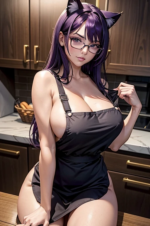 1women, middle age, wearing black glasses, in the kitchen, wear an apron, No panties , sit on the table , spreading legs , legs wide open , Dark and purple hair, attractive looks, cat ears , big boobs , natural cleavage , second life , attractive women , front view , camera closed between legs , zoom on her pussy , pubic hair ,