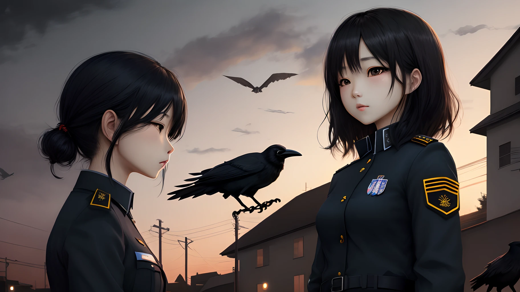 Black-haired girl in uniform、nightfall、canny、crows