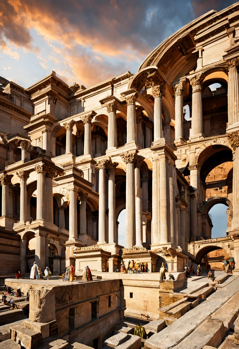 A typical scene of ancient Rome,(best quality,4k,8k,highres,masterpiece:1.2),ultra-detailed,(realistic,photorealistic,photo-realistic:1.37),historical,sculptures,colosseum,gladiators,bustling markets,Ancient Roman women in flowing togas,fantastic architecture,impressive columns and arches,majestic buildings,romantic atmosphere,richly adorned with mosaics,chariot races,impressive chariots speeding through the arena,excitement and anticipation in the air,spectators cheering and applauding,festive celebration,pompeian red and ocher colors,soft sunlight filtering through the ruins,historical authenticity and accuracy,detailed ancient Roman ruins,well-preserved artifacts and statues,intricate marble carvings,elaborate masonry,realistic reenactments of daily life in ancient Rome,Ancient Roman patricians and plebeians,emperor and senators,craftsmen creating exquisite sculptures,Acropolis dominating the skyline,bustling port of Ostia,daily life scenes in the Forum,Roman soldiers guarding the city,goddesses and gods worshipped in temples,ornate frescoes adorning the walls of luxurious villas,ornate jewelry and clothing,ancient Roman jewelry,vestal virgins clad in white robes,wisps of smoke rising from sacrificial altars,grand processions and religious ceremonies,imposing triumphal arches,beautifully decorated triumphant chariot,columns adorned with bas-reliefs depicting heroic deeds,gardens with blooming flowers and fountains,music, dance, and theater performances,plentiful food and extravagant feasts,aromatic dishes and wines,symphony of voices,laughter and joy filling the air.