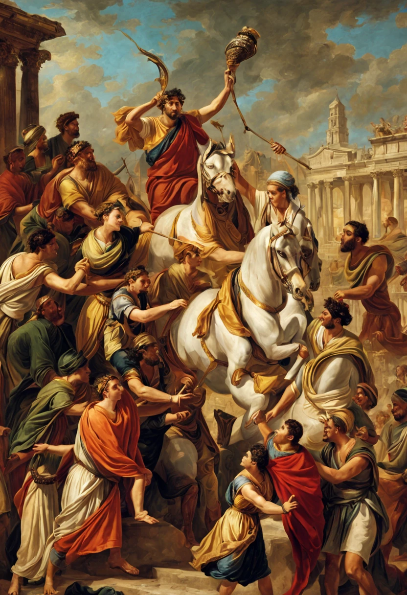 (masterpiece, realistic, intricate details:1.3), King Alaric I, battle-hardened and determined, (ornamented Visigoth armor:1.2), leading his Visigoth troops, ancient city of Rome, dramatic clash with the Roman Empire, (weathered Roman architecture:1.2), pillars and statues crumbling, fierce fighting in the foreground, tense atmosphere, capturing the historical accuracy, muted color palette, capturing the somber mood, medium shot, looking ahead, capturing the intensity and struggle of the battle.