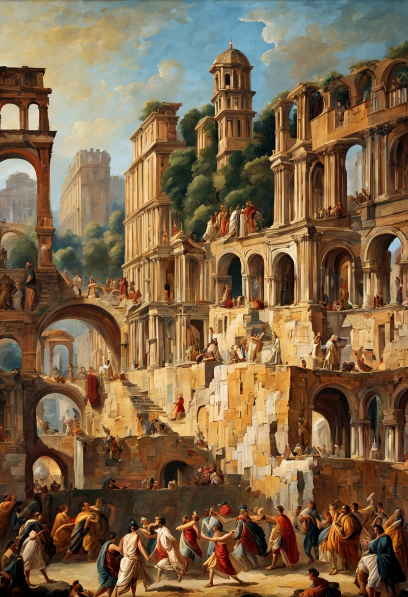 A typical scene of ancient Rome,(best quality,4k,8k,highres,masterpiece:1.2),ultra-detailed,(realistic,photorealistic,photo-realistic:1.37),historical,sculptures,colosseum,gladiators,bustling markets,Ancient Roman women in flowing togas,fantastic architecture,impressive columns and arches,majestic buildings,romantic atmosphere,richly adorned with mosaics,chariot races,impressive chariots speeding through the arena,excitement and anticipation in the air,spectators cheering and applauding,festive celebration,pompeian red and ocher colors,soft sunlight filtering through the ruins,historical authenticity and accuracy,detailed ancient Roman ruins,well-preserved artifacts and statues,intricate marble carvings,elaborate masonry,realistic reenactments of daily life in ancient Rome,Ancient Roman patricians and plebeians,emperor and senators,craftsmen creating exquisite sculptures,Acropolis dominating the skyline,bustling port of Ostia,daily life scenes in the Forum,Roman soldiers guarding the city,goddesses and gods worshipped in temples,ornate frescoes adorning the walls of luxurious villas,ornate jewelry and clothing,ancient Roman jewelry,vestal virgins clad in white robes,wisps of smoke rising from sacrificial altars,grand processions and religious ceremonies,imposing triumphal arches,beautifully decorated triumphant chariot,columns adorned with bas-reliefs depicting heroic deeds,gardens with blooming flowers and fountains,music, dance, and theater performances,plentiful food and extravagant feasts,aromatic dishes and wines,symphony of voices,laughter and joy filling the air.