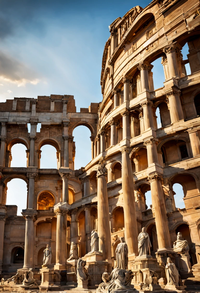 A typical scene of ancient Rome,(best quality,4k,8k,highres,masterpiece:1.2),ultra-detailed,(realistic,photorealistic,photo-realistic:1.37),historical,sculptures,colosseum,gladiators,bustling markets,Ancient Roman women in flowing togas,fantastic architecture,impressive columns and arches,majestic buildings,romantic atmosphere,richly adorned with mosaics,chariot races,impressive chariots speeding through the arena,excitement and anticipation in the air,spectators cheering and applauding,festive celebration,pompeian red and ocher colors,soft sunlight filtering through the ruins,historical authenticity and accuracy,detailed ancient Roman ruins,well-preserved artifacts and statues,intricate marble carvings,elaborate masonry,realistic reenactments of daily life in ancient Rome,Ancient Roman patricians and plebeians,emperor and senators,craftsmen creating exquisite sculptures,Acropolis dominating the skyline,bustling port of Ostia,daily life scenes in the Forum,Roman soldiers guarding the city,goddesses and gods worshipped in temples,ornate frescoes adorning the walls of luxurious villas,ornate jewelry and clothing,ancient Roman jewelry,vestal virgins clad in white robes,wisps of smoke rising from sacrificial altars,grand processions and religious ceremonies,imposing triumphal arches,beautifully decorated triumphant chariot,columns adorned with bas-reliefs depicting heroic deeds,gardens with blooming flowers and fountains,music, dance, and theater performances,plentiful food and extravagant feasts,aromatic dishes and wines,symphony of voices,laughter and joy filling the air.