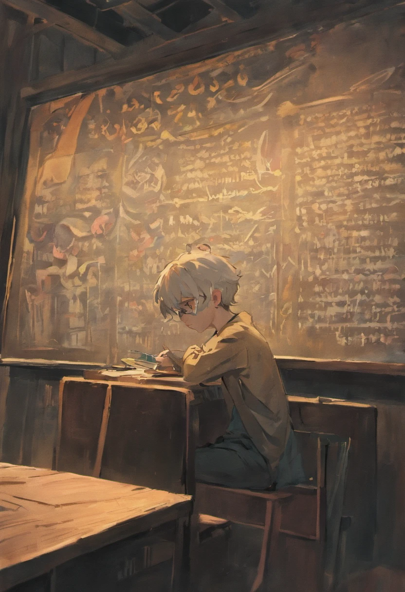 whaite hair,White beard,A old man,male people,the night,Classroom,lamplight,short detailed hair,White lining,black shirt,Black silk shoes,Hands behind your back,There is a stack of books on the left,The blackboard at the back has the words Das Kapital,The expression is serious