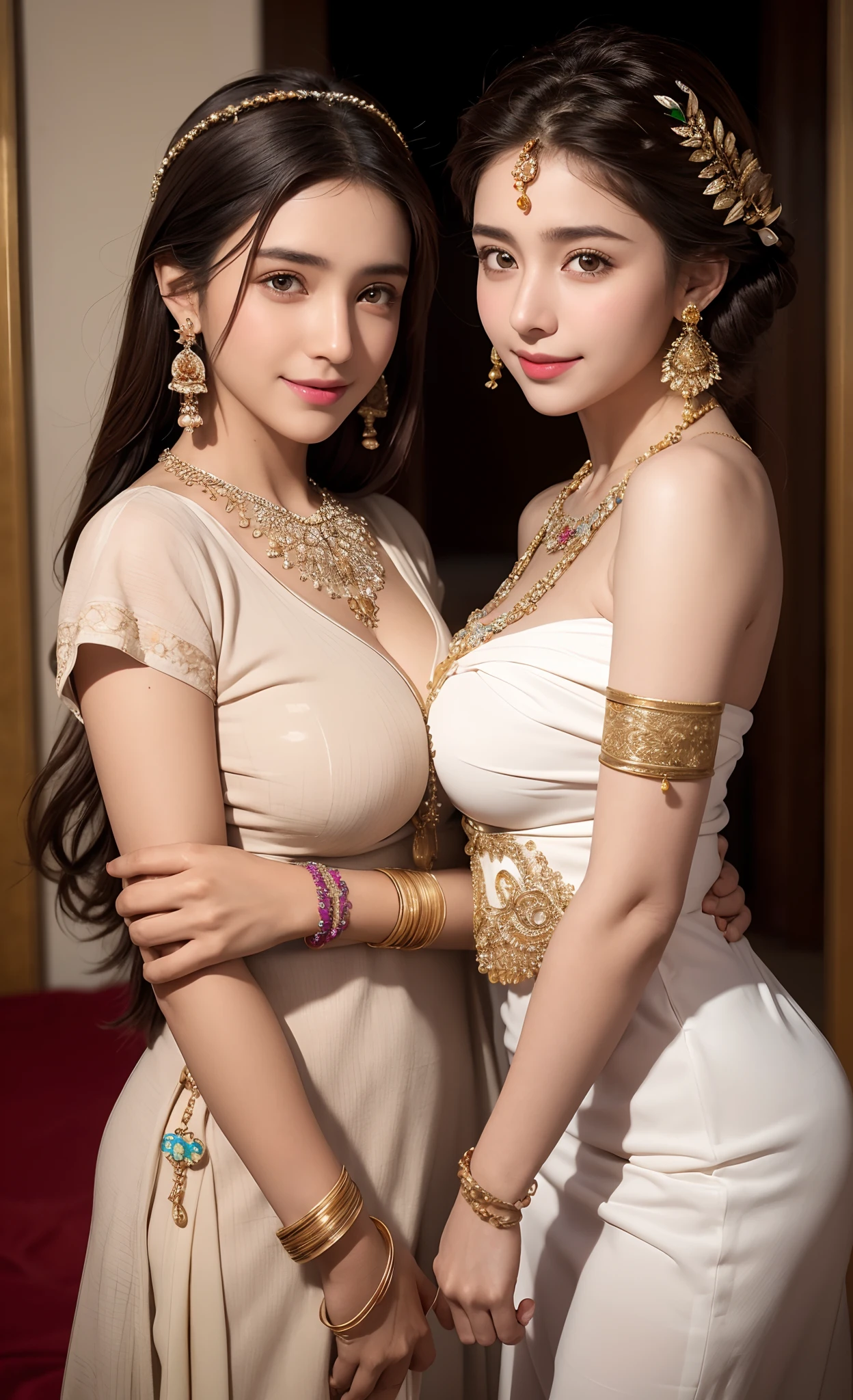 2girl, 2 girl, waist up, concept art, [shu qi:ancient queen:1], grabbing vagina, masturbating touching her breast naked her vagina no panties, Ruff, Anklet, Makeup, loop lighting, 80mm, official art, unity 8k wallpaper, ultra detailed, aesthetic, masterpiece, best quality, photorealistic