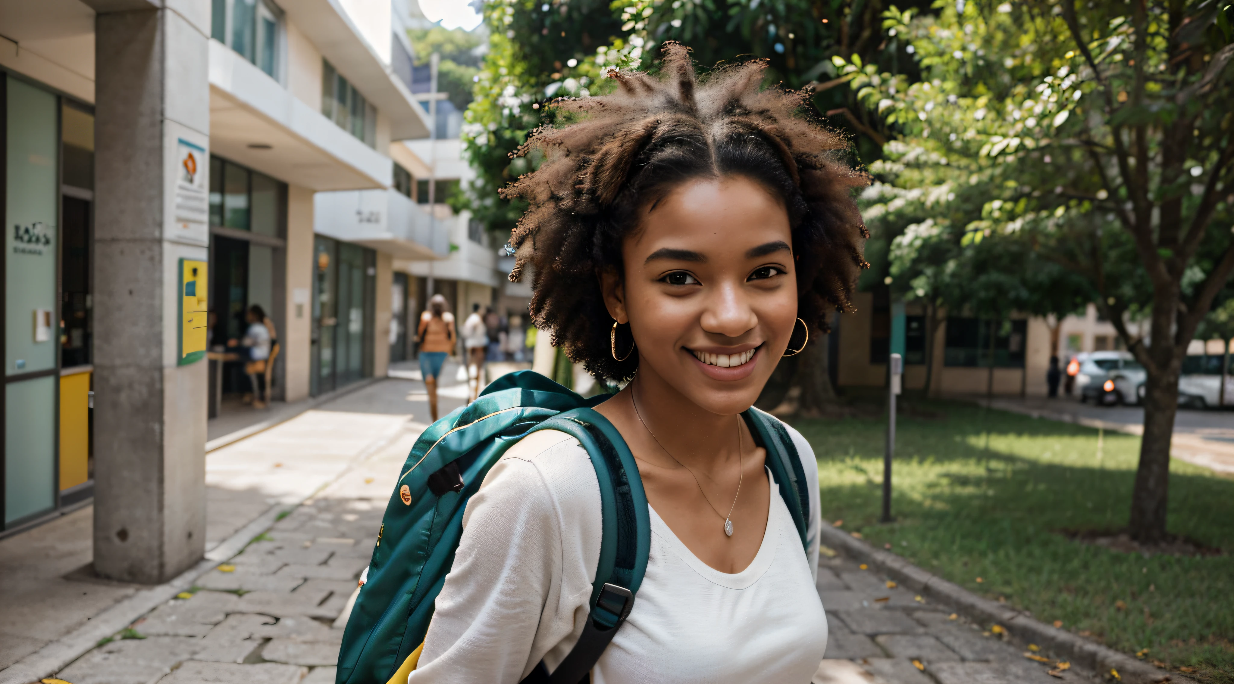 Generate an image of a Brazilian student happily strolling through a busy university campus. she is tall and slender, com um penteado afro marcante que exala um senso de individualidade. Her captivating light brown eyes sparkle with determination and curiosity.
She's dressed in a loose, blusa verde, uma cor que complementa seu sorriso radiante. She wears a practical student backpack on her back, symbolizing your academic dedication. Enquanto ela caminha, She carries a stack of graphite-covered books in one hand, showcasing your passion for literature, And she holds a modern set of wireless earbuds around her neck.
This distinguished student embodies the spirit of a cheerful, Estudante apaixonada por livros com seu penteado afro, while confidently navigating the lively atmosphere of the university campus.