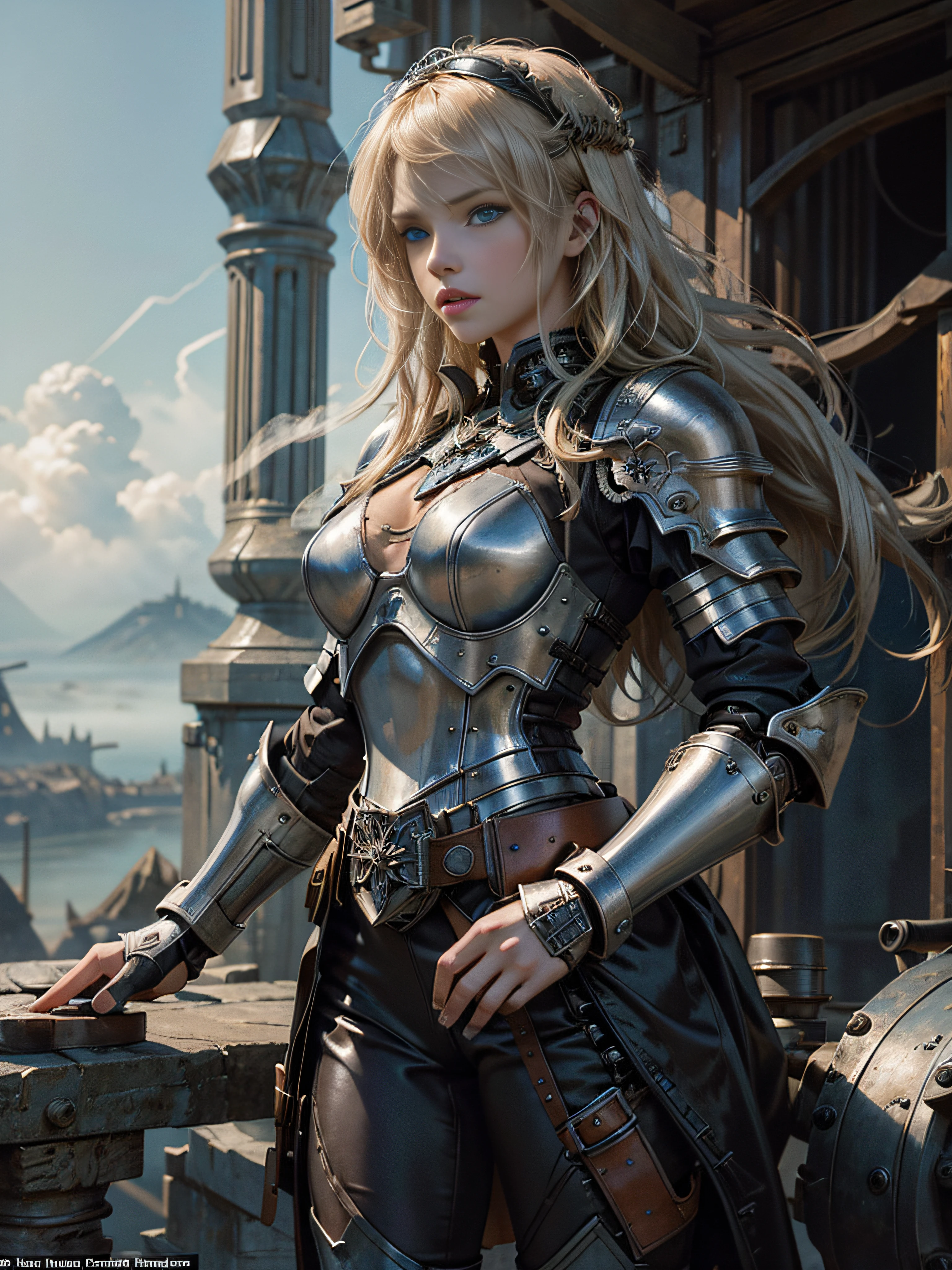 ((Highest quality))、((8ก))、((knight))、woman、Big eyes、double、soft、Adult woman、whole body、(sword)、(leather armor)、((whole body鎧))、cat ears、Blonde、long hair、Big sword、knight corps、((battlefield))、pointed、Hand holding a sword、big breasts