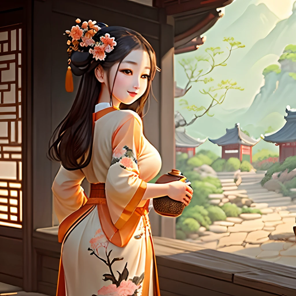 The background is a peach grove, A good-looking girl in Tang costume, Hold Ejiao and savor it, Looking back and smiling,The style of painting is the ancient style of ink painting。