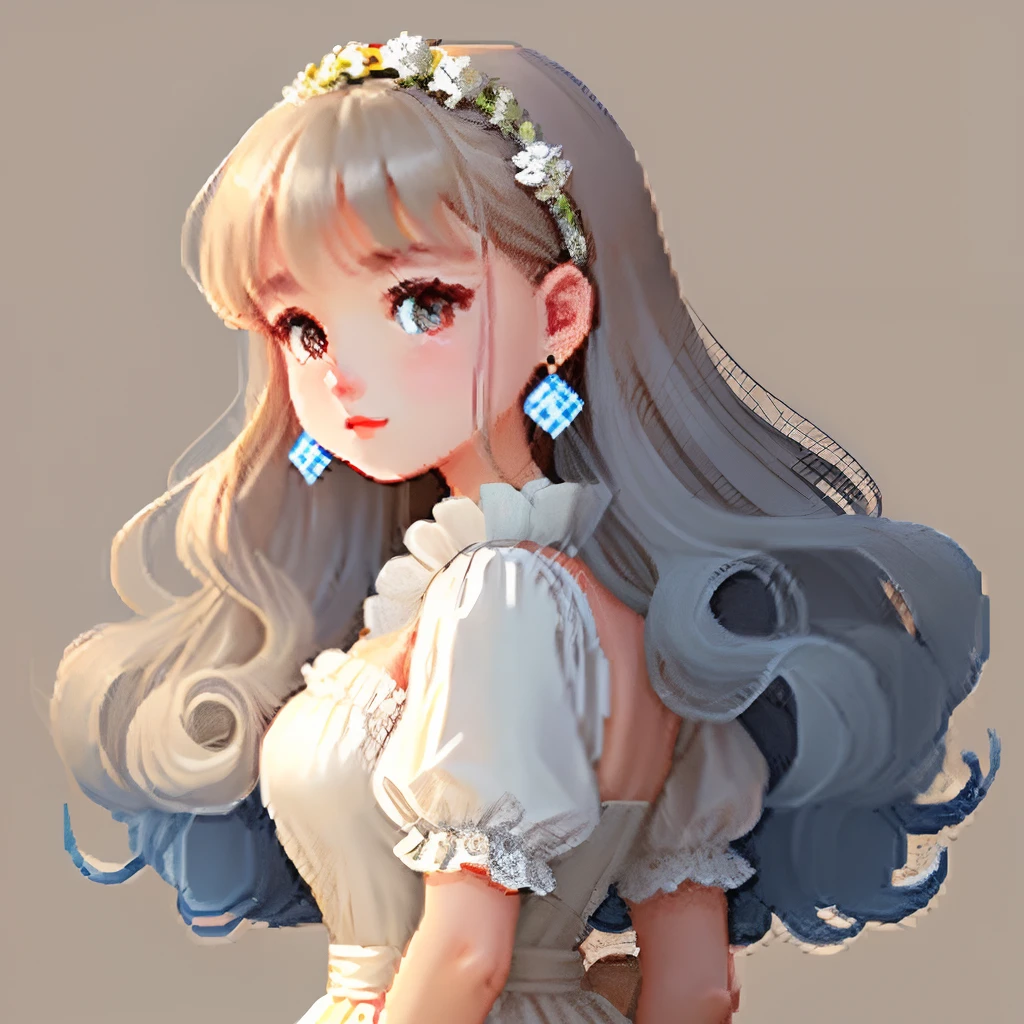I was wearing an antique dress,large earring、Clothing consisting of pale blue color, Brown and beige、Girl with dull grey long S-shaped curls、Look back and look at this.、Pixel art、Pixel Art Illustration、pixels、Plain background、Upper body、For icons、pixels_Art Book,Composition centered on the face、Katyusha、pixels、Game-style illustration、Pixel art、pixels、without background、The background is one color beige、pixels、Big hair ornament、graceful dress、Loose fluffy、White background、、simple background、A girl about 16 years old、Beautiful eyes like jewels、pixels、pixels、pixels、Pixel art
