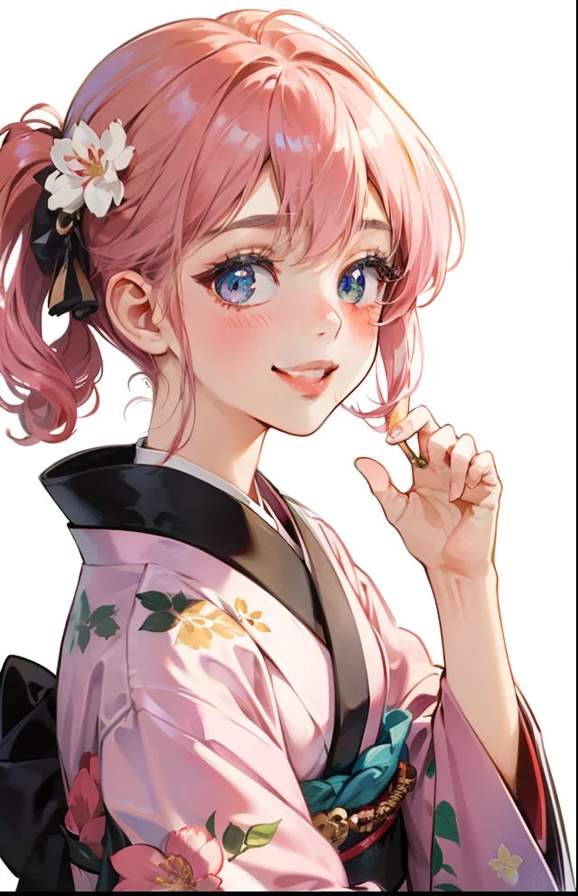 girl with、Background white、without background、Pink hair、with blush cheeks、flowery kimono、florals、taisho roman、Showa Retro、frilld、Smiling、kawaii、without background