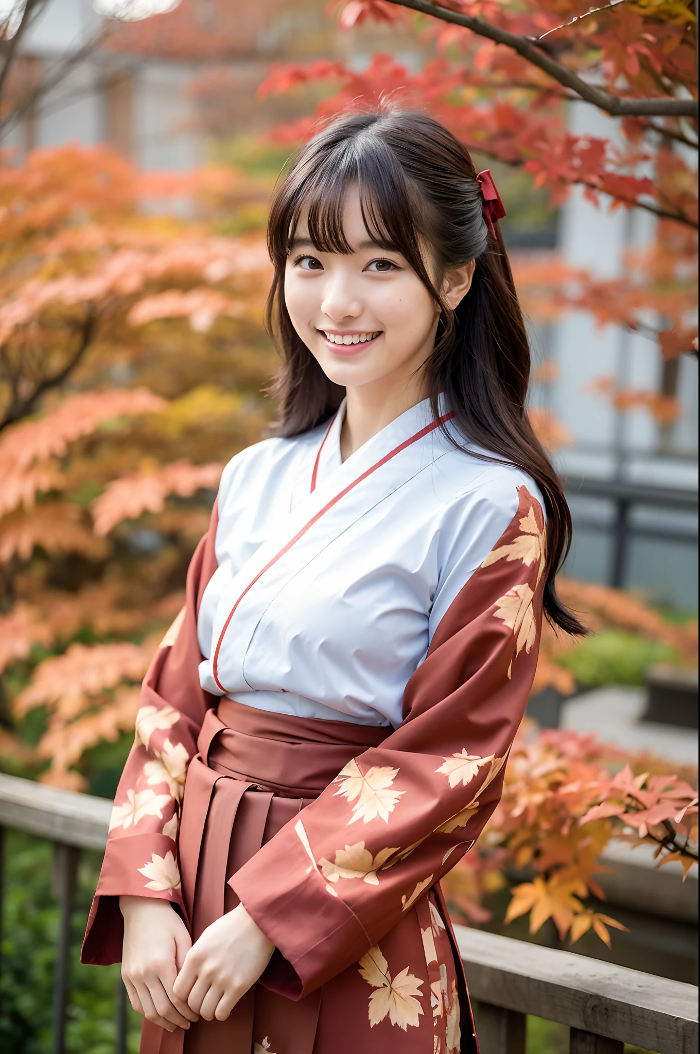 girl in old-Japan school yard with autumn leaves,very long sleeved floral hakama top and brown hakama bottom,white socks,hair red string bow,18-year-old,bangs,a little smiles,knees,from below