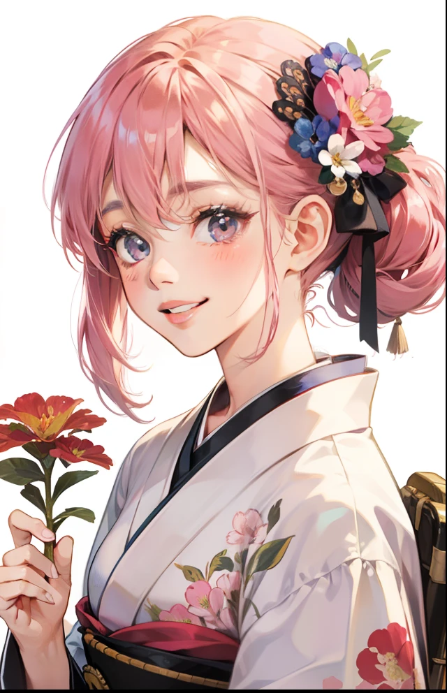 girl with、Background white、without background、Pink hair、with blush cheeks、flowery kimono、florals、taisho roman、Showa Retro、frilld、Smiling、kawaii、without background
