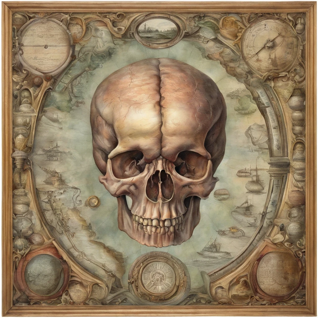 painting of a still life with a clock, skull, and other objects, detailed 3d gothic oil painting, very detailed oil painting, highly detailed oil-painting, highly detailed oil painting, extremely detailed oil painting, oil on canvas intricate, detailed oil painting, detailed baroque oil painting, oil on canvas detailed, intricate detailed oil painting, high detailed oil painting