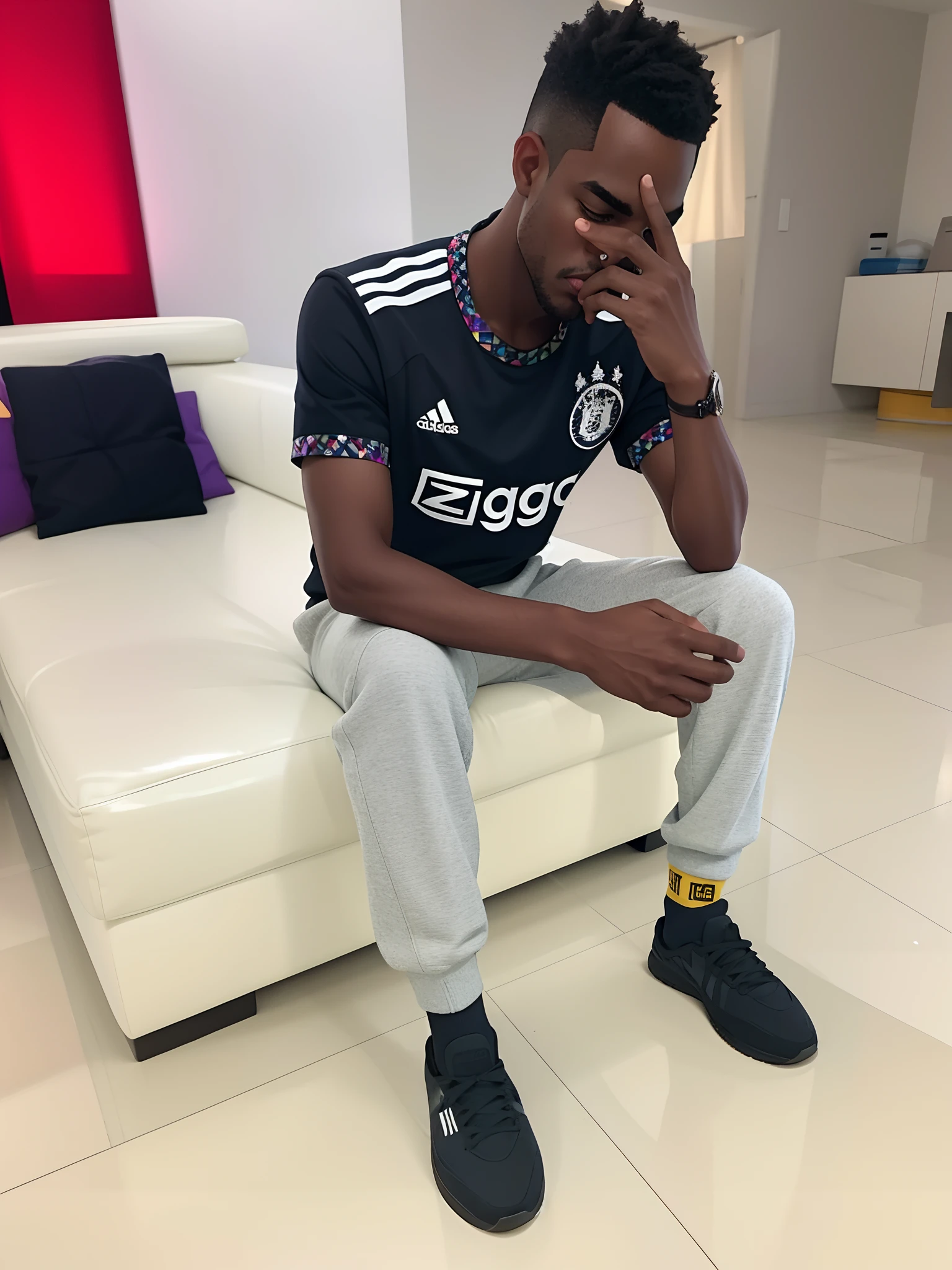 Man sitting on a sofa in a living room, usando roupas adidas, wearing a tracksuit, he is wearing a black, Homem em Tracksuit Adidas, 🔥 😎 🕹️ 👀 :2, wearing a track suit, ele tem cerca de 2 5 anos de idade, ele tem cerca de 25 anos de idade, ele tem cerca de 25 anos