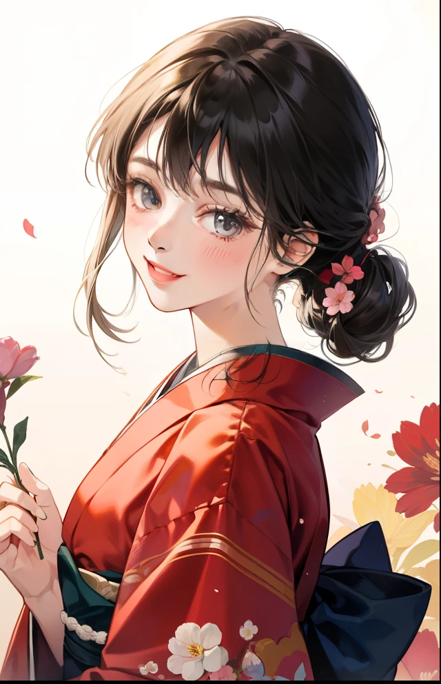 girl with、Background white、without background、A dark-haired、Braiding、with blush cheeks、flowery kimono、florals、taisho roman、Showa Retro、frilld、Smiling、kawaii、without background