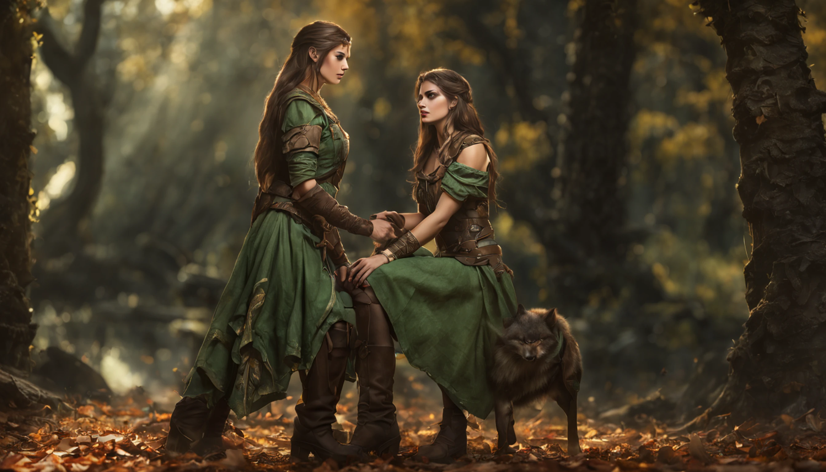 Detalhes altos, melhor qualidade, 8k, [ultra detalhado], master part, melhor qualidade, (extremamente detalhado), Dynamic angle, (tiro ultra largo), .RAW, fotorrealista, arte de fantasia, arte dnd, Arte de RPG, arte realista, A wide-angle image of a female Fae Ranger and her pet wolf, guerreiro da natureza, lutador da natureza, corpo inteiro, [[anatomicamente correto]]. dynamic position (1.5 detalhes intrincados, master part, melhor qualidade) Conversando com um lobo (1.6 detalhes intrincados, master part, melhor qualidade), by a small rustic house (1.5 detalhes intrincados, master part, melhor qualidade), uma mulher vestindo (Dark green mid-length dress) with leather boots, thigh and green hat (1.6 detalhes intrincados, master part, melhor qualidade), cabelos grossos, cabelos longos, auburn cabelo vermelho, pele clara intensa ((marrom)) olho, em pequeno (Rustic house) and a stream that runs in the vicinity of the backgraound (1.6 detalhes intrincados, master part, melhor qualidade), Luz do Amanhecer, nuvem (1.4 detalhes intrincados, master part, melhor qualidade), Dynamic angle, (1.4 detalhes intrincados, master part, melhor qualidade) 3D rendering, Detalhes altos, melhor qualidade, Altas, Ultra Grande Angular, Fantasia celta, (Trevos), Hera venenosa, Fae, vestindo cartola verde, duende, fada, Celta, Arte de fantasia celta, Fantasia celta, fada bonita, fada bonita, arte de fantasia muito bonita, outono, beautiful autumn spirit, Temporada de outono, (Rosas de cor escura), Perfect creation, arte perfeita, altamente detalhado, arte detalhada, master part, Perfect creation, arte perfeita, (outlined iris), ((olhos perfeitos)),