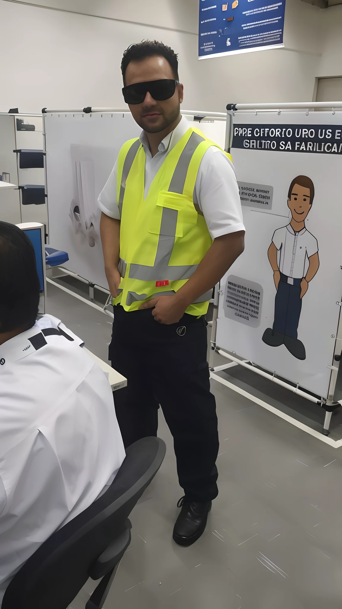 There is a man in a safety vest in front of a poster, roupas de trabalho, usando roupas hi vis, In Sao Paulo, in a factory, model is wearing techtical vest, stood in a lab, stood in a factory, david rios ferreira, imagem de corpo inteiro, roupas de trabalho, usando um colete, profissional, sao paulo, edu souza