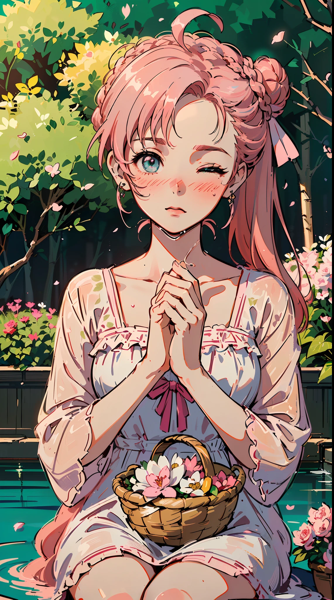 (((((((a large basket of flower,Blushing,one eye closed,cute cheeks,creamy pink hair，black nightgown))))))，((1girl,Solo,-aged,ars ot,Amazing,Cute Korean mixed-race girl，rosto magro,))(Masterpiece,Best quality, offcial art, Beautiful and aesthetic:1.2),((HD,Golden ratio,)) (16k),((sakura petals)),(Physically-based rendering),((((forest,outdoor,pond scenery, dappled sunlight,at night,)))) (((highdetailskin,)))，((sitting)),((((detailed hairs|middle hair|bun braid|knot top|soaked hair|side ponytail|ahoge)))),Slender,thicc,(masterpiece sidelighting),(The sheen),(Beautiful hair,Beautiful eyes,）[[Delicate fingers and hands:0.55]::0.85],(Detail fingers),(((Superior quality,)))),((unbelievable Ridiculous quality,)),((extremely_Detailed_Eyes_and_face)),Movie girl,(Dynamic configuration: 1.2),Brilliant, (Photorealistic), ((pink ribbon on hair)),Ultra-precise depiction, Ultra-detailed depiction,Bauhaus