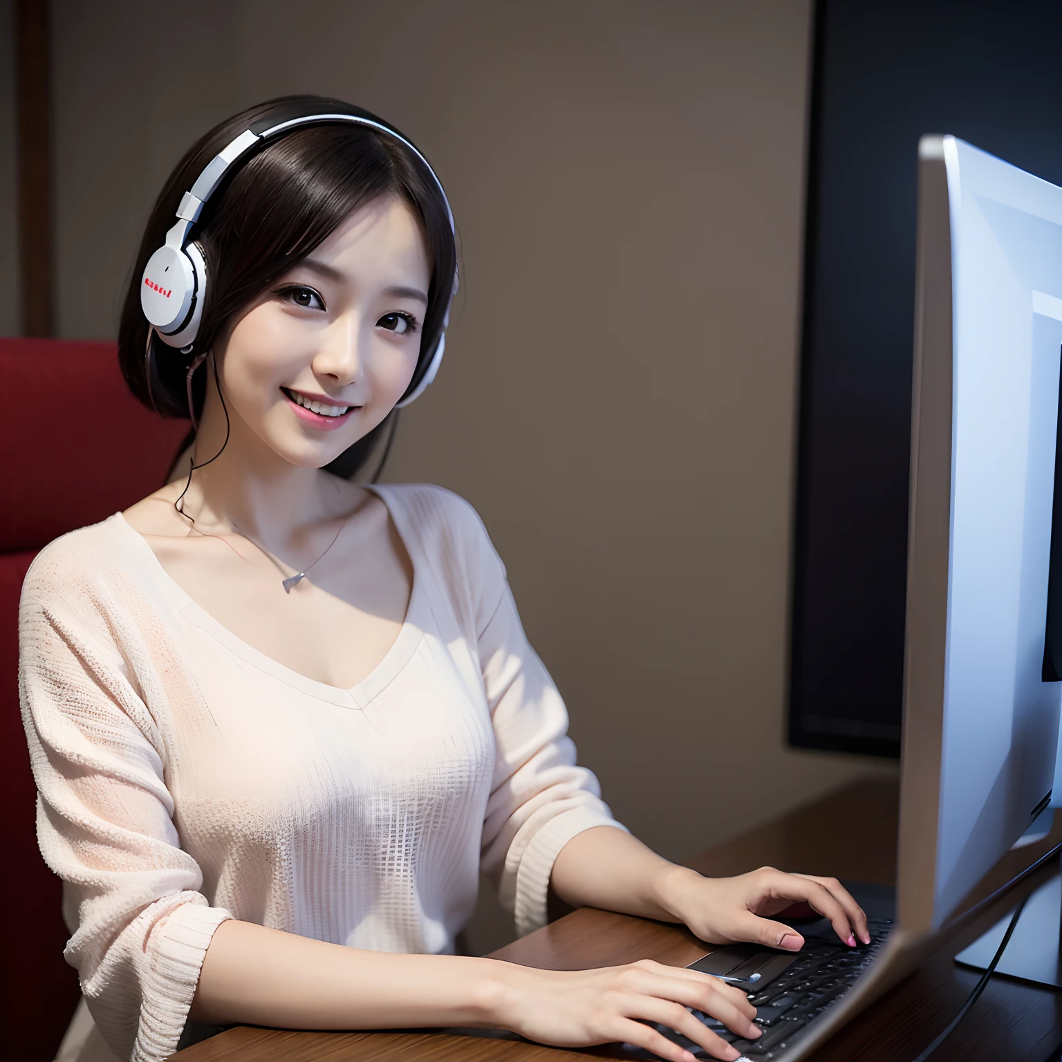 (masutepiece), (4K resolution), Best Quality, Ultra Detail,A woman is sitting and playing a computer game with headphones on,a smile,delight,Beautuful Women,The best models of Japan,short-cut