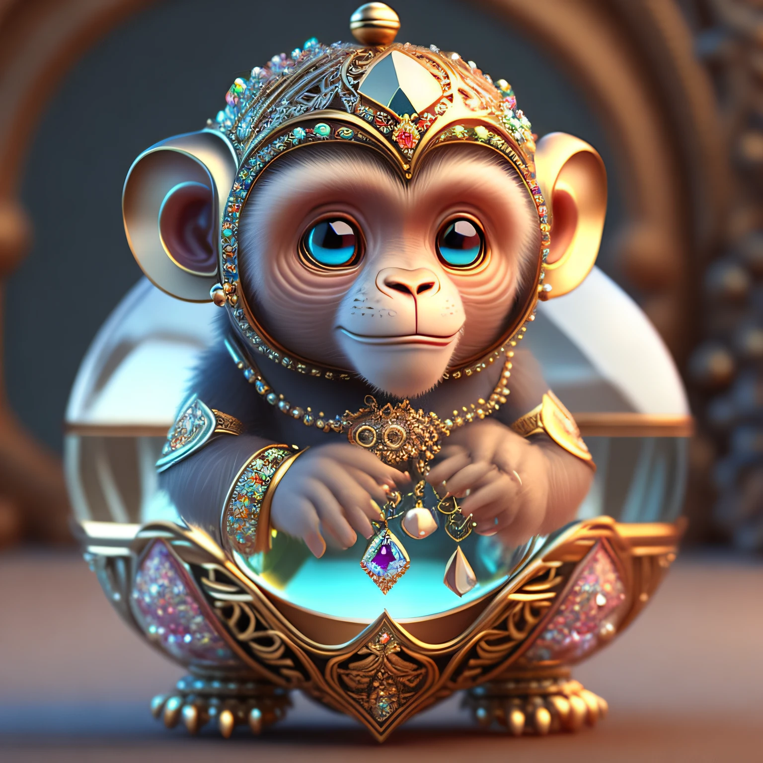 A cute crystal ball zodiac monkey embellished with various jewelry ornaments and low-poly eyes is a highly detailed and intricate conceptual art craft using Artstation 8k quality.