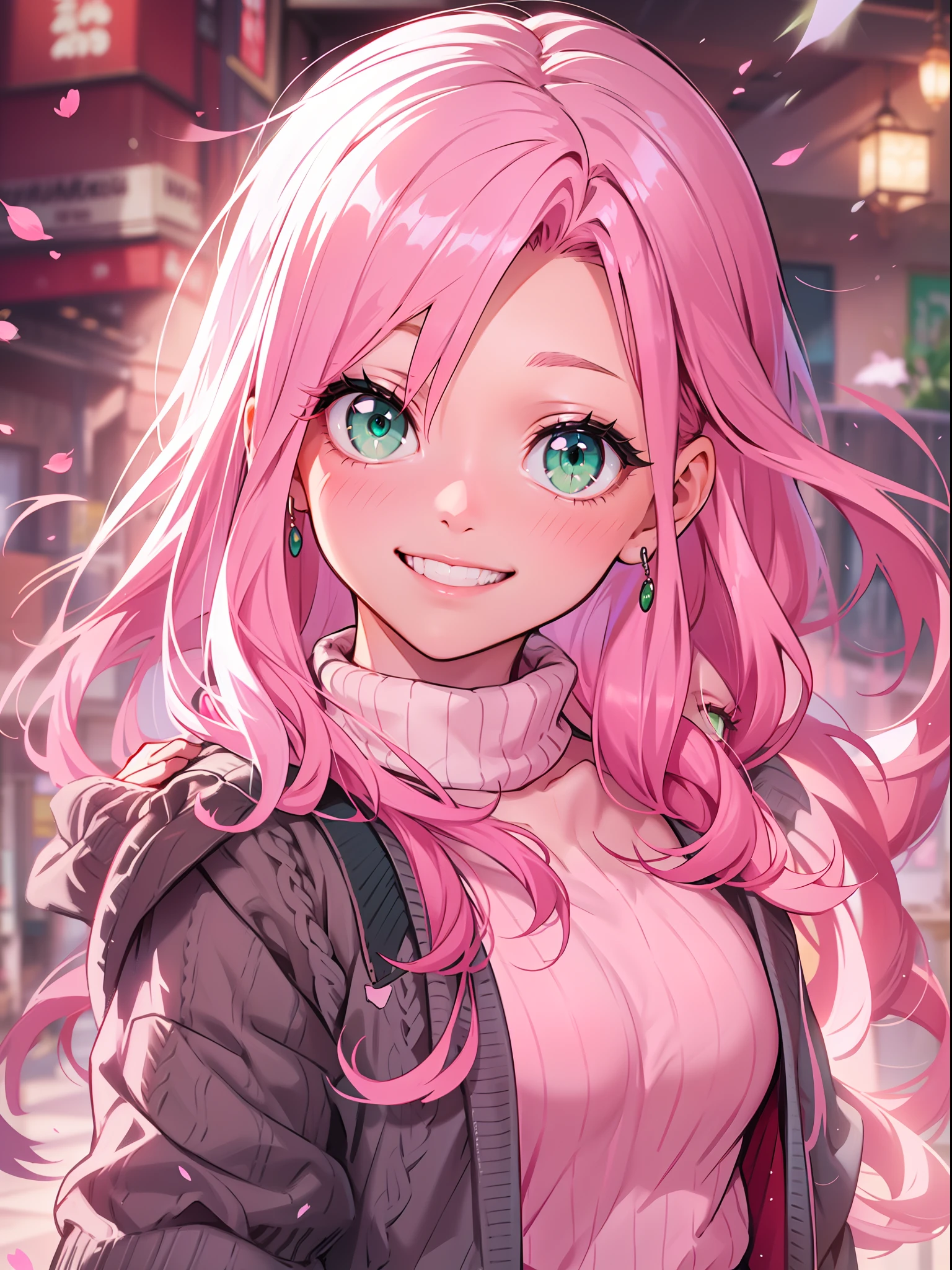 A stunning masterpiece of a high-res portrait of a beautifully detailed girl with long, shiny pink hair and mesmerizing green eyes, wearing a cozy sweater and flashing a gorgeous smile that accentuates her small yet perfectly-formed breasts, Sakura Haruno