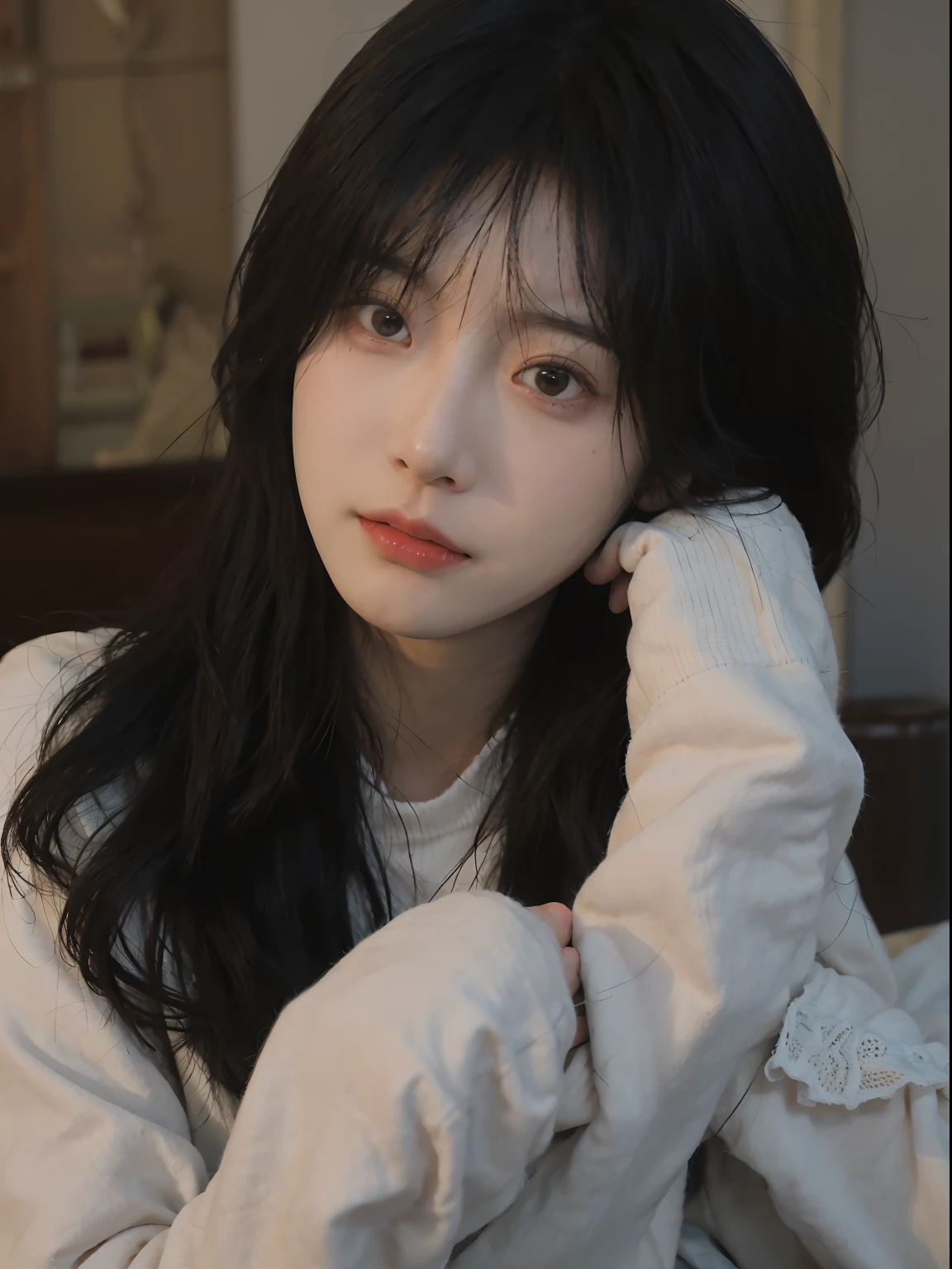 best qualtiy， 超高分辨率， （realisticlying：1.4）， A woman with long black hair and a gray sweater, 中景 the scene is, She has red hair，By bangs, young lovely Korean faces, wan adorable korean face, ulzzangs, Shin Jinying, beautiful aesthetic face, Korean face features, Played by Liu Lee Ji Eun ，Beautiful realistic face
