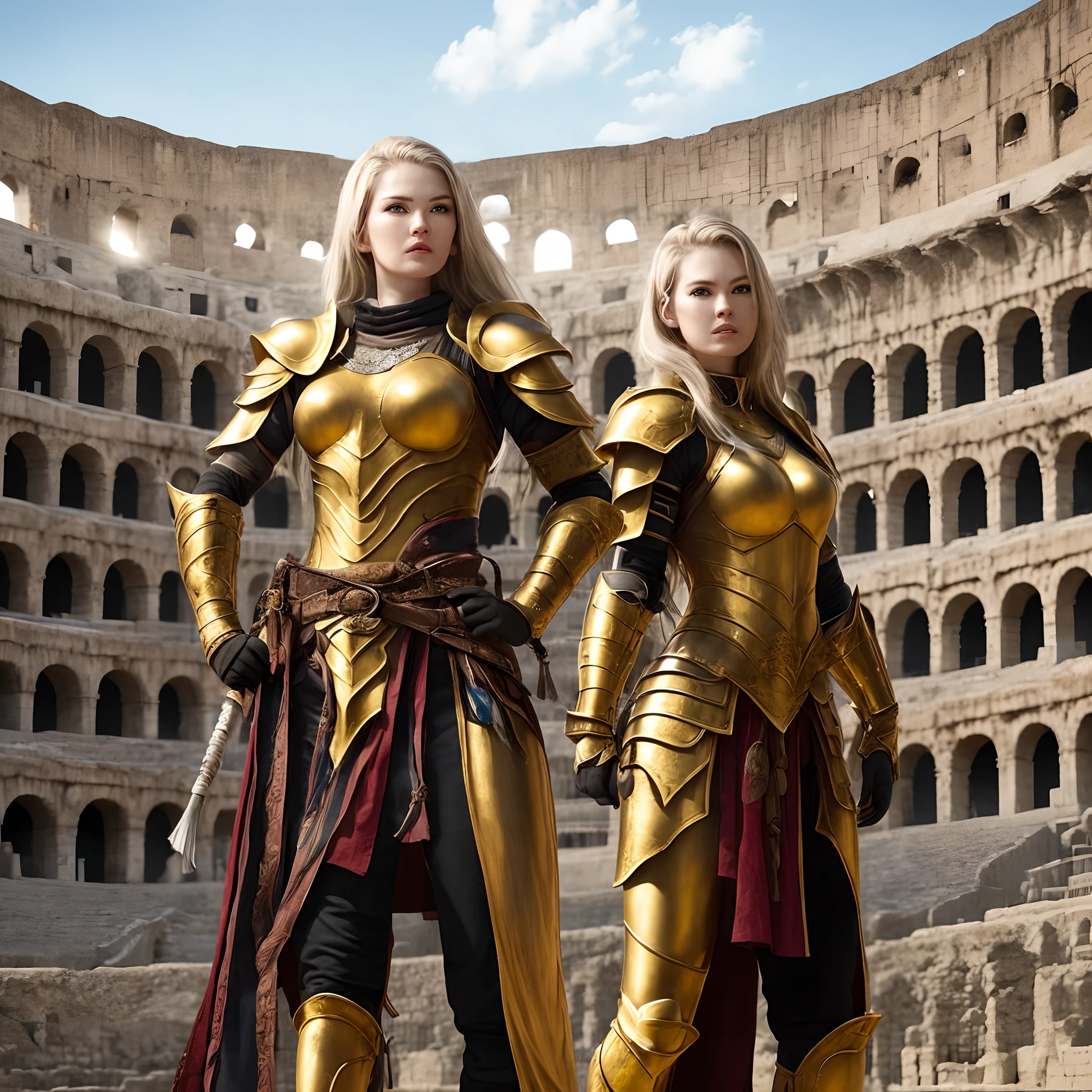 Female warrior in golden armor standing in the Coliseum