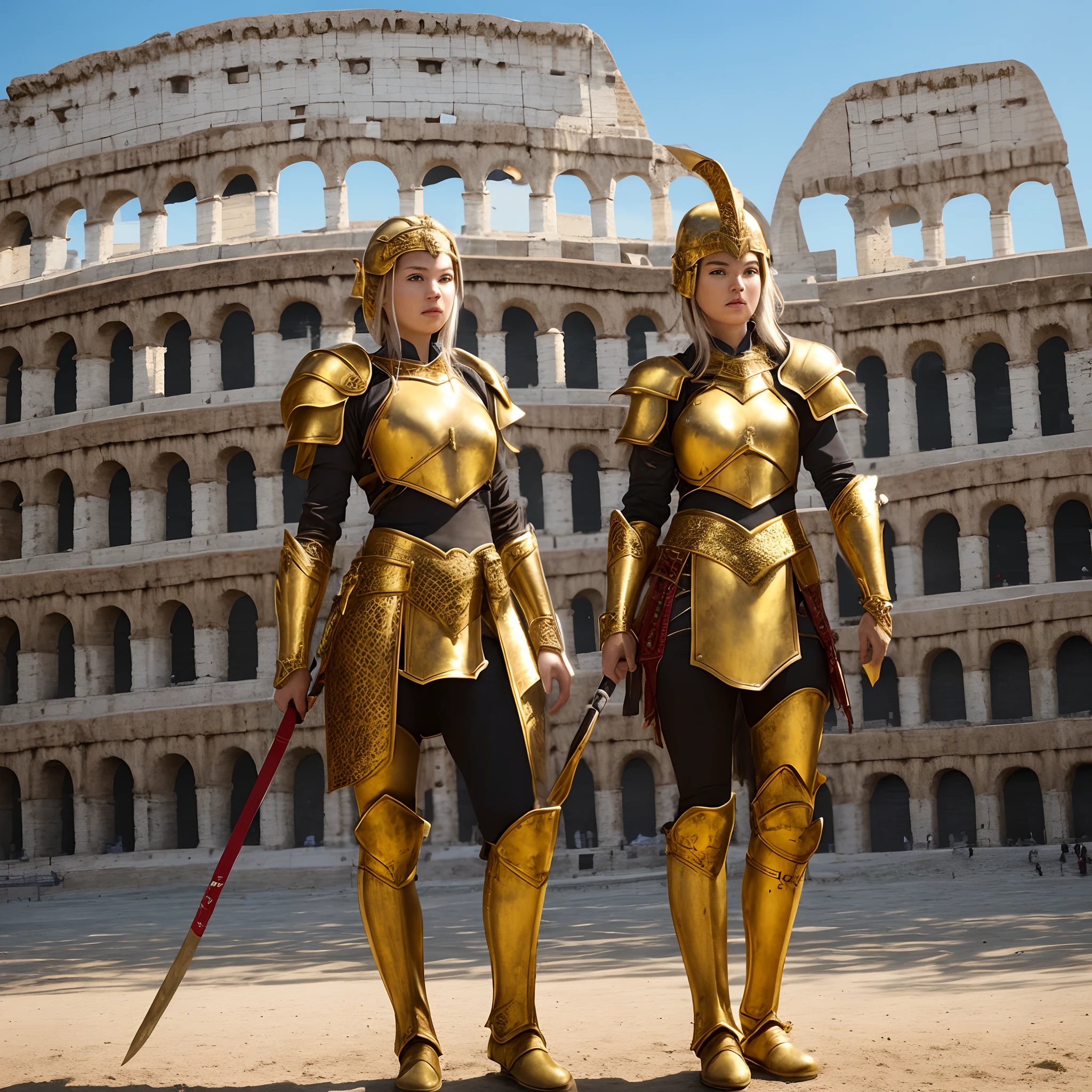 Female warrior in golden armor standing in the Coliseum