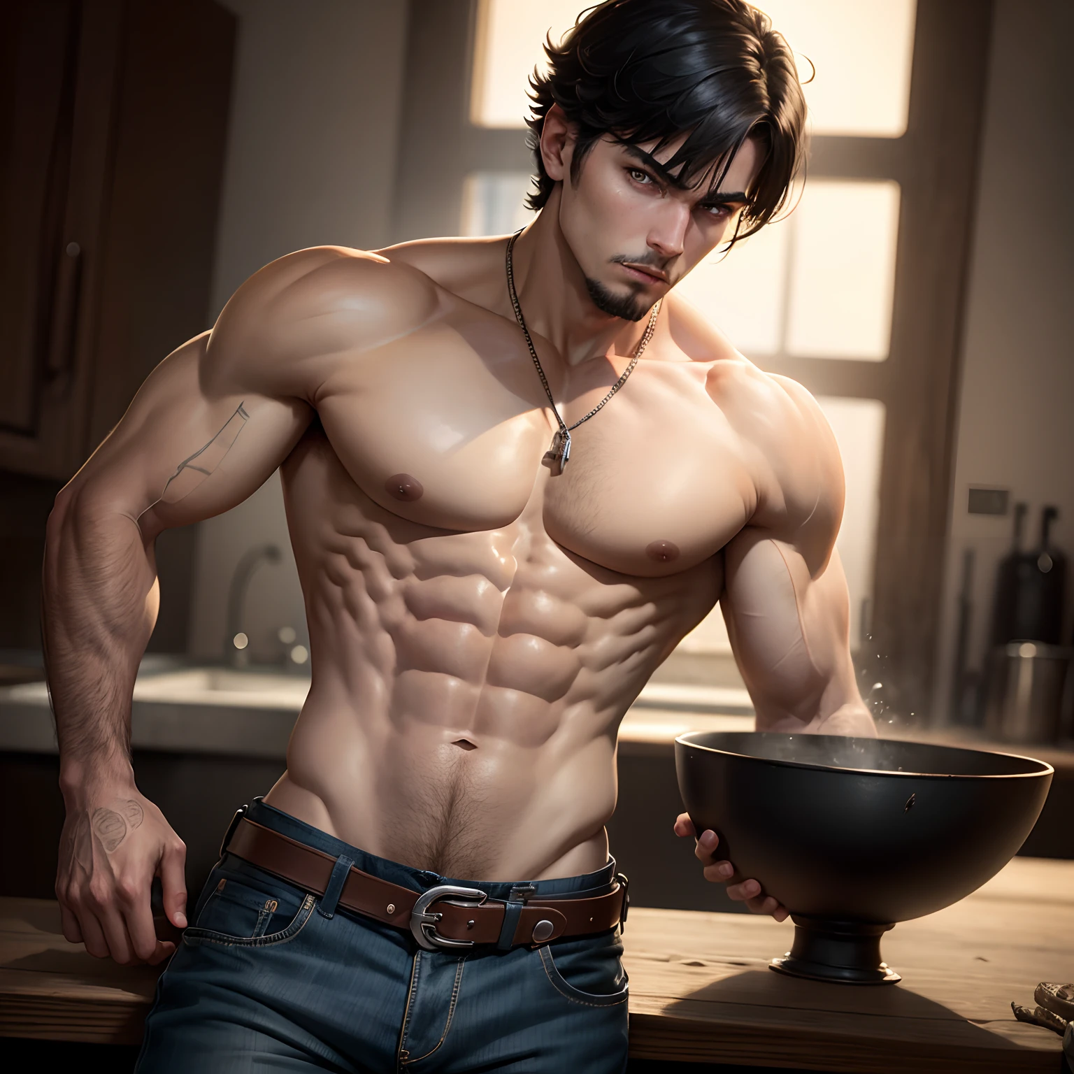 8k, masterpiece, best quality, realistic, higly detailed, cowboy shot, 1boy, solo, Fuutarou, young man, fair skin, black hair, bowl cut, two strands sticking up from the back of his head, bangs that cover his forehead, blue eyes, slim physique, tall build, tends to slouch, serious expression, scary and thuggish vibe, bad guy, Lover