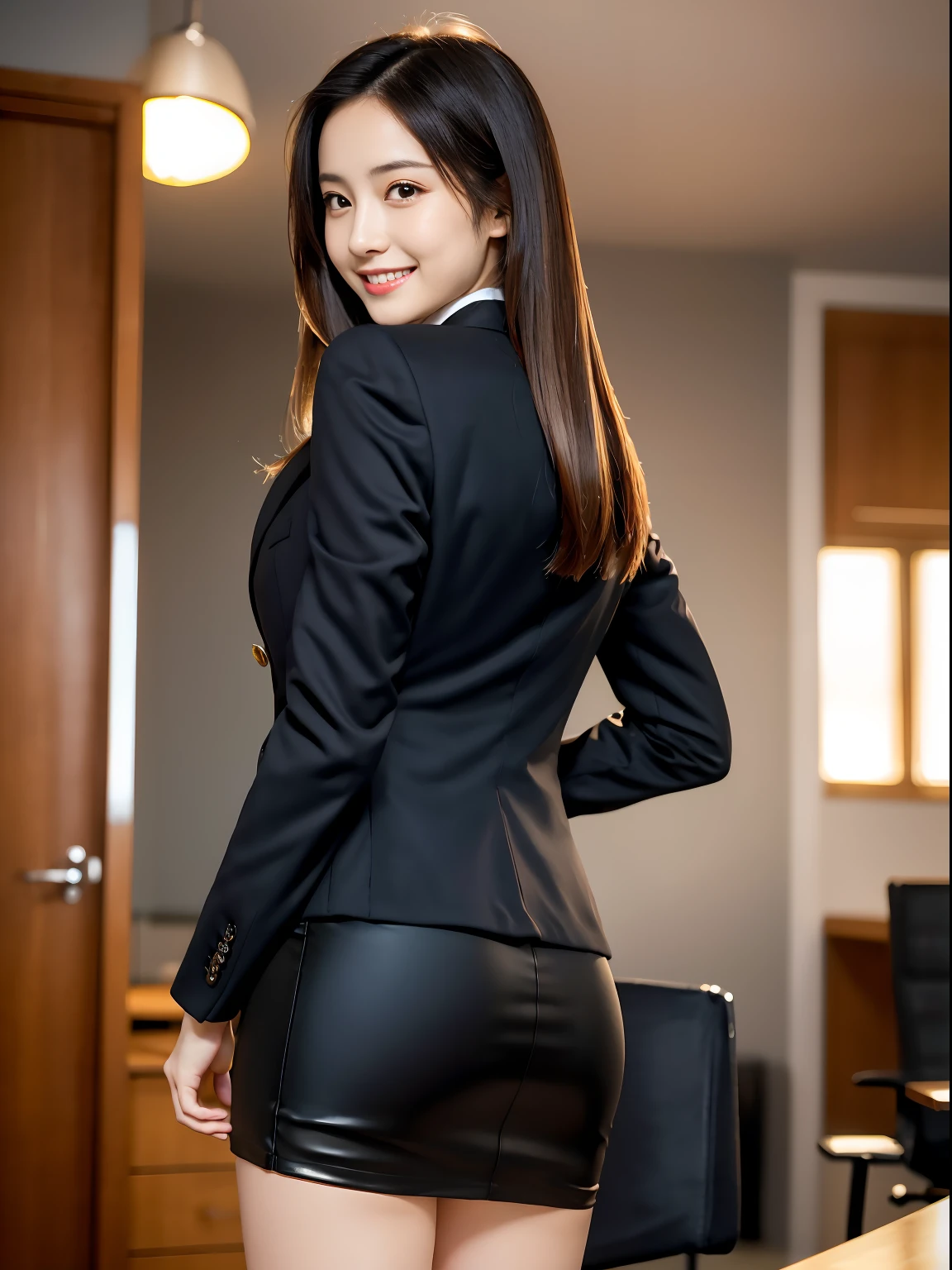 (masutepiece:1.3), (8K, Photorealistic, Raw photo, Best Quality: 1.4), Japanese, (1girl in), Beautiful face, (Realistic face), (Black hair), Beautiful hairstyle, Realistic eyes, Beautiful detailed eyes, (Realistic skin), Beautiful skin, Attractive, 超A high resolution, A hyper-realistic, Highly detailed, Golden ratio, (Full body:1.37), (Woman in pencil skirt and suit jacket with attention to detail:1.4), (Office Lady), professionattire, high-heels, (Happy smile:1.3), (long straight hair with a flowing shine,,,,,,,,,,,,,,,,:1.3), BREAK, (huge-breasted, Big ass:1.3), Scenery, (Beautiful sunrise background:1.2), from behind, Backshots, Arched back, (arms behind back), Beautiful detailed eyes, Looking at Viewer, From below, (No makeup), (Cute), Photon mapping, (Professional Lighting), finely detail, () ), (skirt rift:1.1),