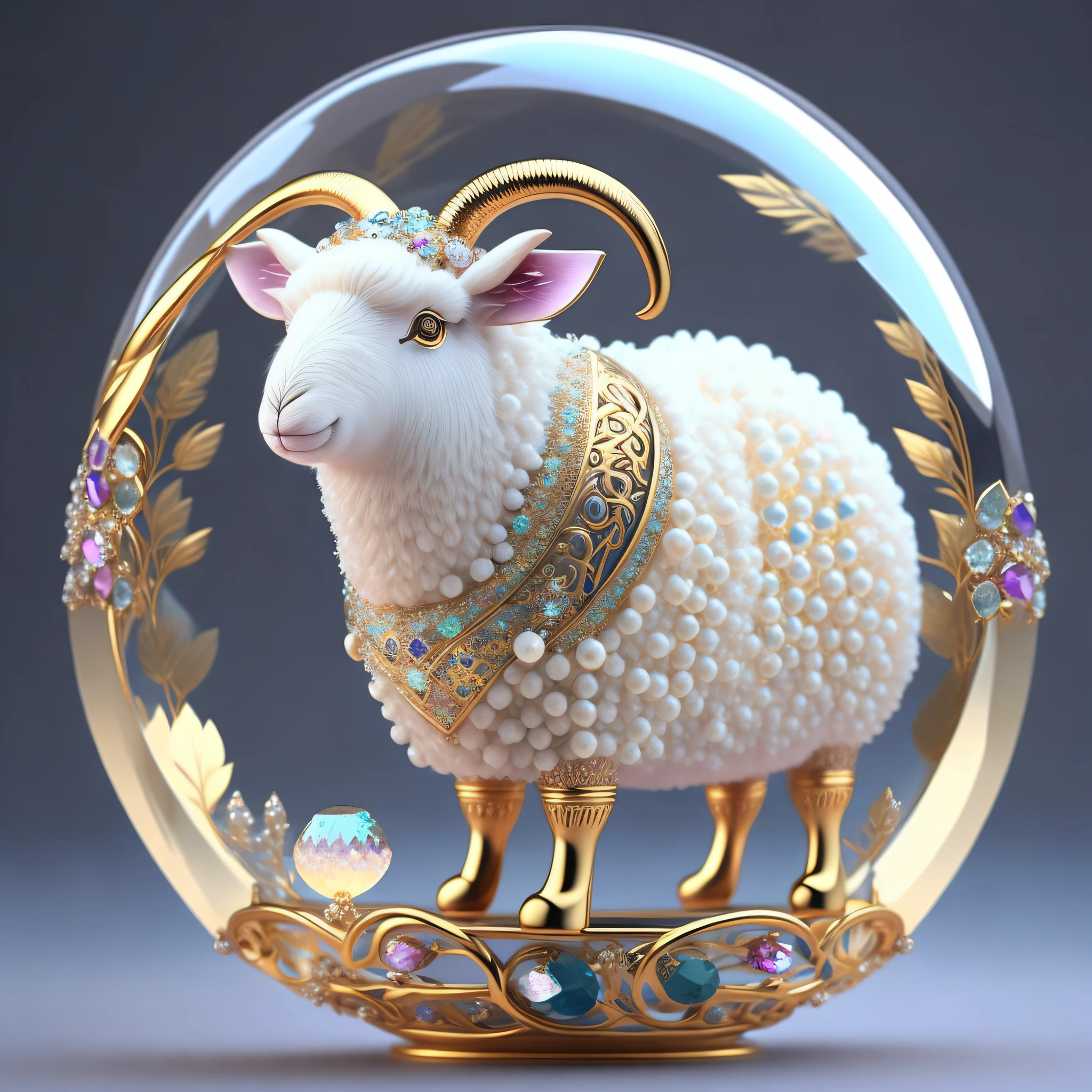 A cute crystal ball zodiac sheep embellished with various jewelry ornaments and a low-poly design for the eyes, is a highly detailed and intricate conceptual art craft using Artstation 8k quality.