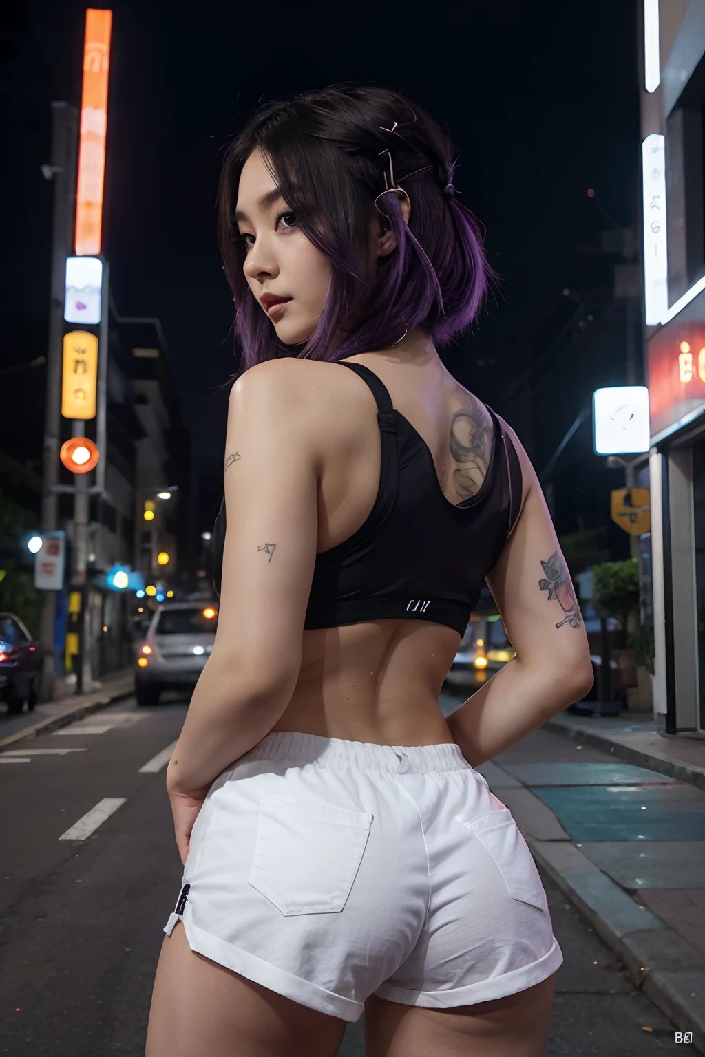 araffe in a black bra top and white shorts in a night city, korean girl, gorgeous young korean woman, back pose, in shorts, cottagecore!! fitness body, toned derriere, thicc, side pose, beautiful south korean woman, booty shorts, 2 4 year old female model, sexy girl wearing shorts, korean woman, lit from behind, heavy makeup, hair ties, slightly open mouth, big eyes, glossy, very pretty face, slender waist, sex pack, light purple hair, tattoo girl