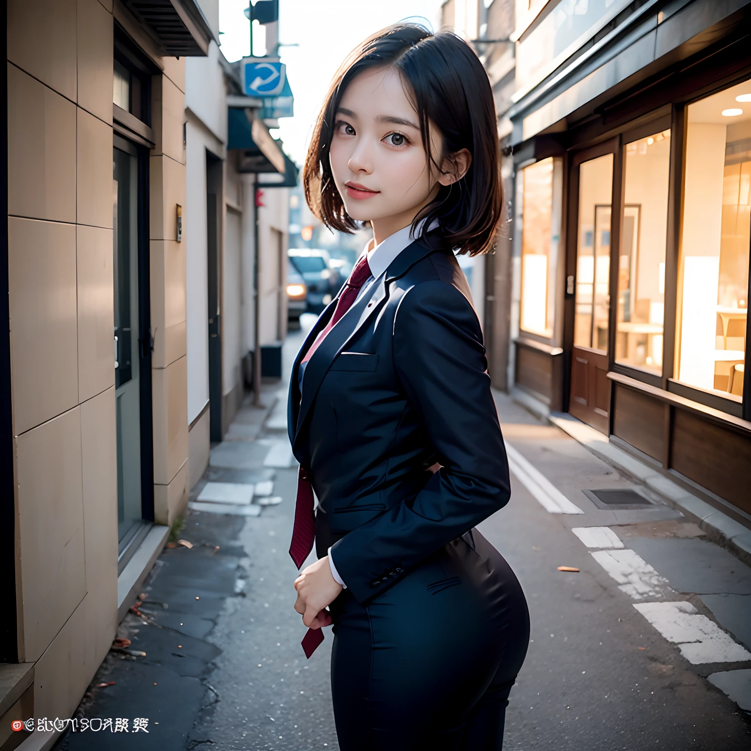 (masutepiece, Best Quality:1.2), 8K, Official art, Full body photo, full body Esbian、Emma fastening her tie.trouser、Cute smile、cute butt、Keep your bag cold、A dark-haired、years、small tits、A delightful、A smile、unbelievable Ridiculous, (Upper body, Dark blue suit:Cute Tie 1.4), Beautiful Girl, Pretty Face, arching back down, cute butt、Gold hair ornament on hair、Wearing a cute suit、Decide on a pose、raise two hands、close up, Wearing a suit, Short sleeve, gardenia, violaceaess, Teen, Street, Looking at Viewer, Film grain, chromatic abberation, Sharp Focus, face lights, Dynamic lighting, Cinematic lighting, Eyes and faces with detailed, Bokeh background, (Tie with Emma written on it、1 copy:1.2)