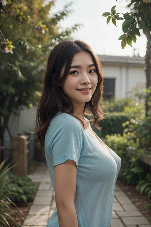 (Superior quality,Masterpiece:1.3,超A high resolution,),(Ultra-detailed,Caustic),(Photorealistic:1. 4,RAW shooting,)Ultra-realistic capture,A very detailed document,high definition16Kfor human skin、 Skin grain is natural、、 Skin looks healthy with even skin tone、 Use natural light and color, a woman,Japanese,,The kawaii,A brunette,medium hair,(depth of field、Chromatic ambience、、Large range of lighting、natural shading、)、(Hair sways in the wind: 1. 5)、in a garden with nobody、full body、blue shirt 、 boobs out、 smile